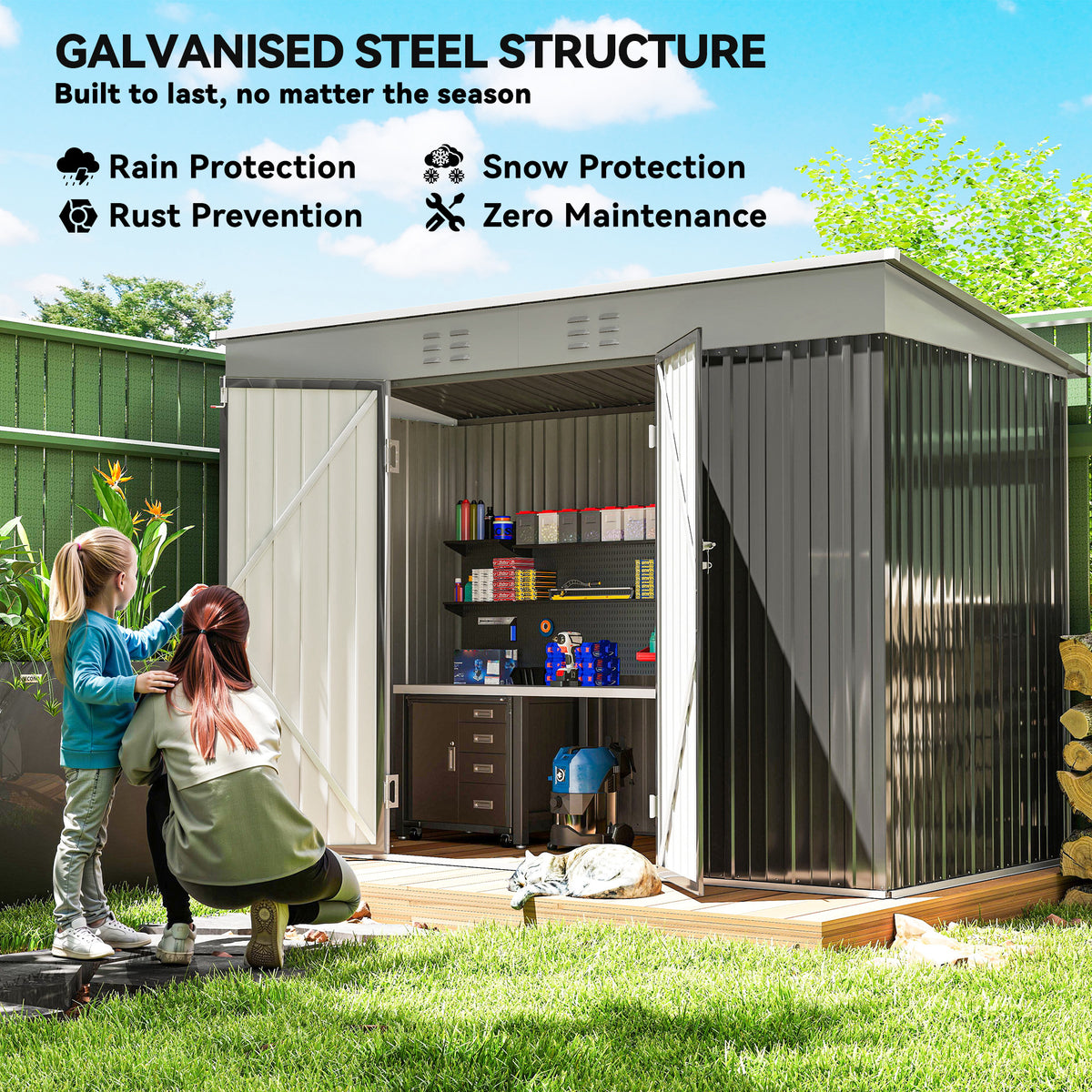 9' x 4' Galvanized Steel Garden Storage Shed - Dark Grey-Storage Sheds-DECOROLALA