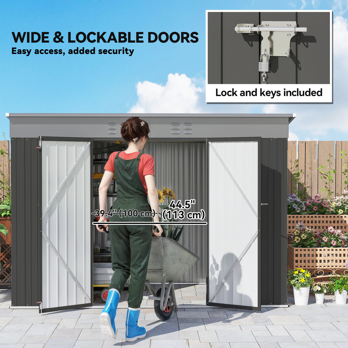9' x 4' Galvanized Steel Garden Storage Shed - Dark Grey-Storage Sheds-DECOROLALA