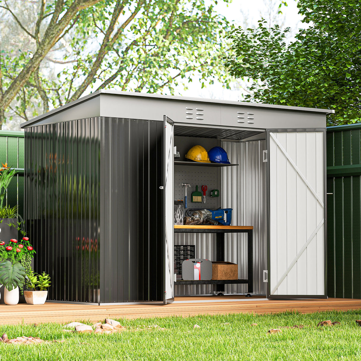 9' x 4' Galvanized Steel Garden Storage Shed - Dark Grey-Storage Sheds-DECOROLALA