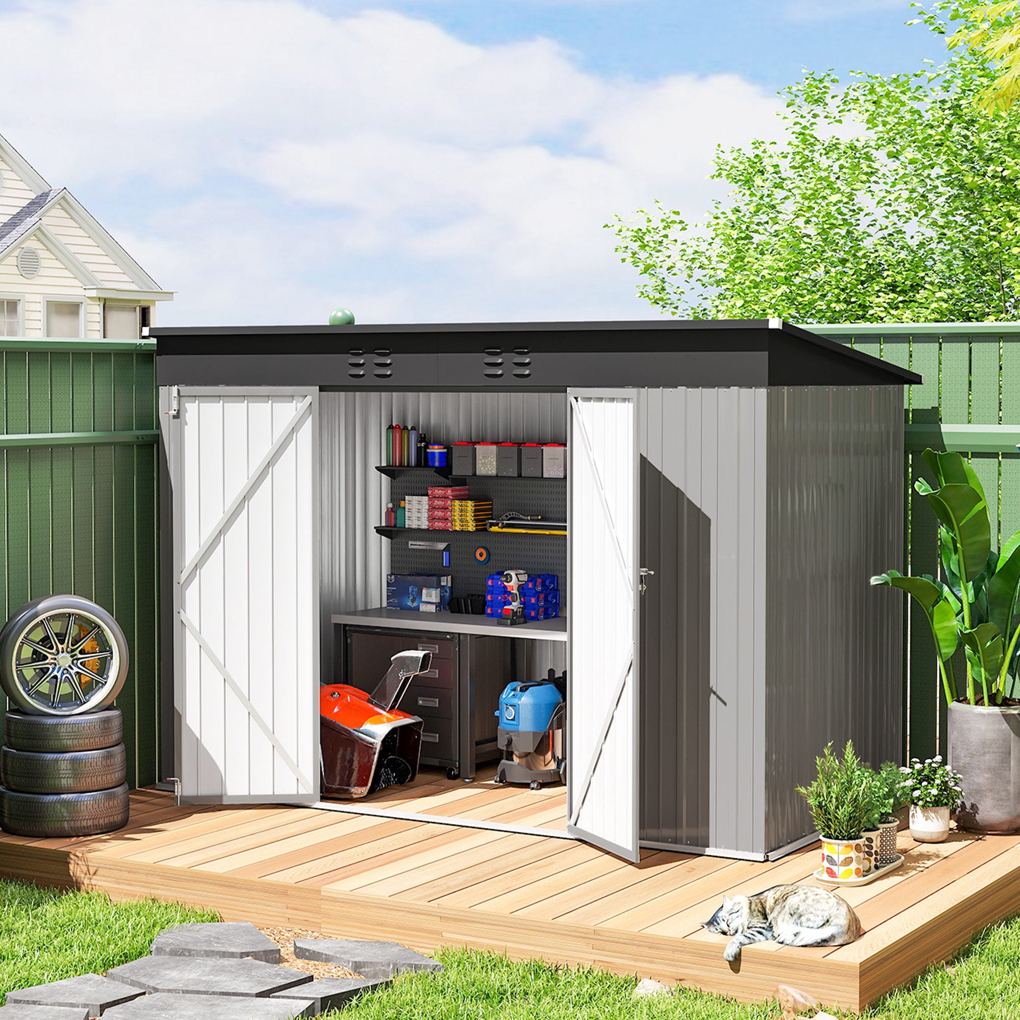 9' x 4' Galvanized Steel Garden Storage Shed - Grey-Patio & Garden > Lawn & Garden > Sheds-DECOROLALA