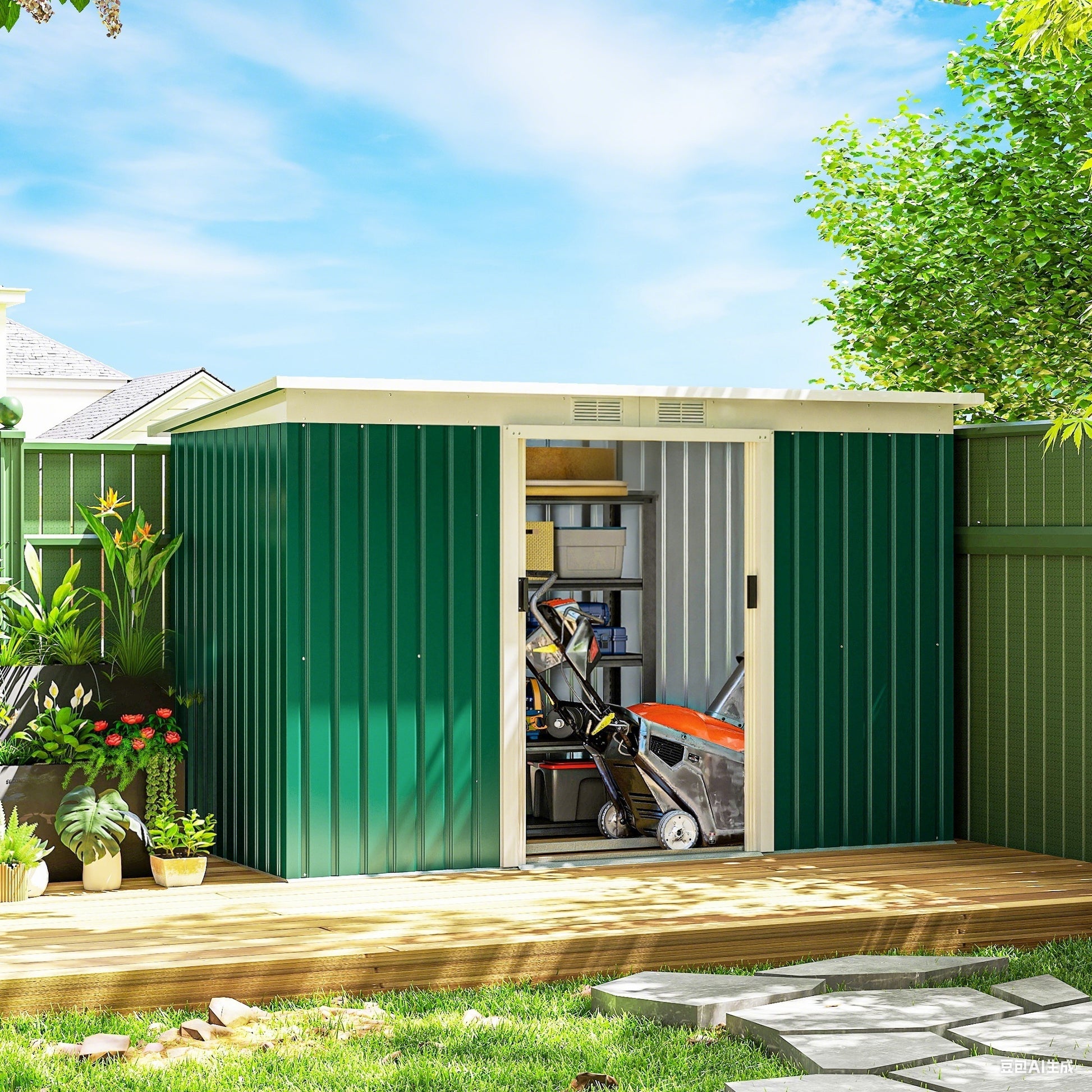 9' x 4' Metal Garden Storage Shed with Foundation - Dark Green-Patio & Garden > Lawn & Garden > Sheds-DECOROLALA