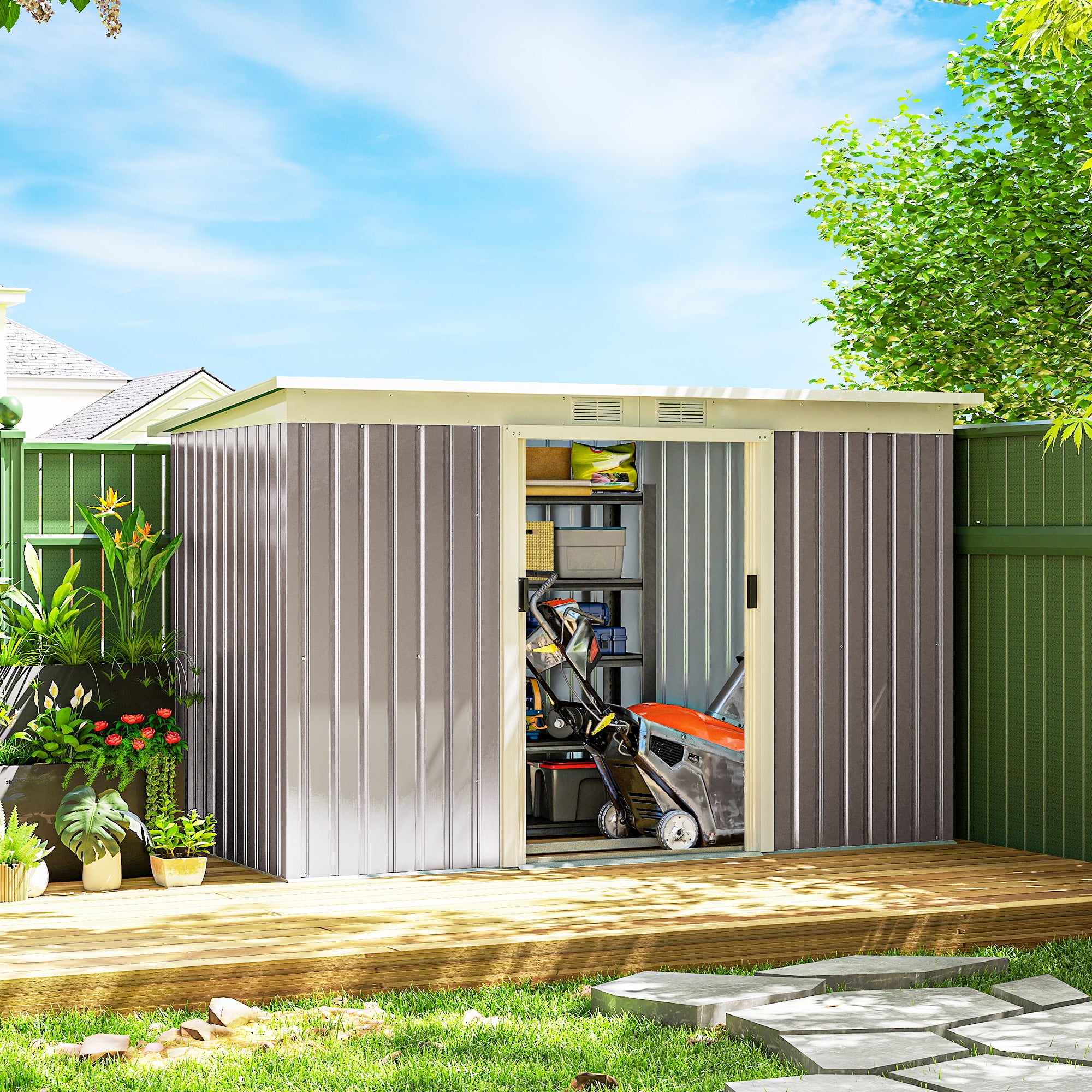 9' x 4' Metal Garden Storage Shed with Foundation - Light Grey-Patio & Garden > Lawn & Garden > Sheds-DECOROLALA