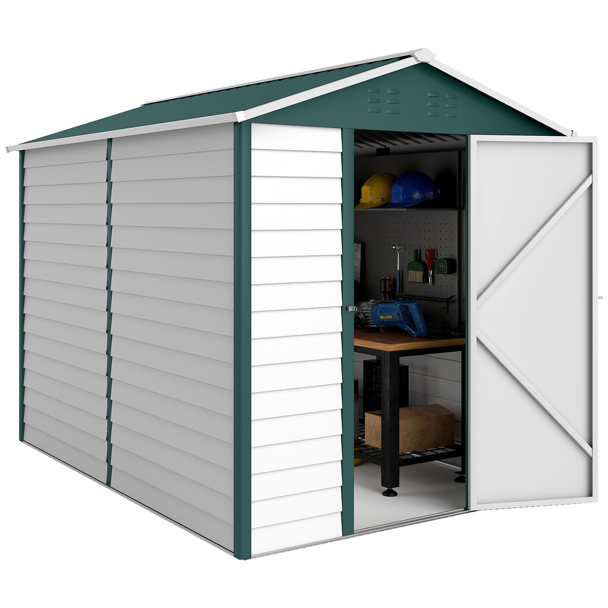 9' x 6' Galvanized Steel Garden Shed - Green/White Sloped Roof-Patio & Garden > Lawn & Garden > Sheds-DECOROLALA
