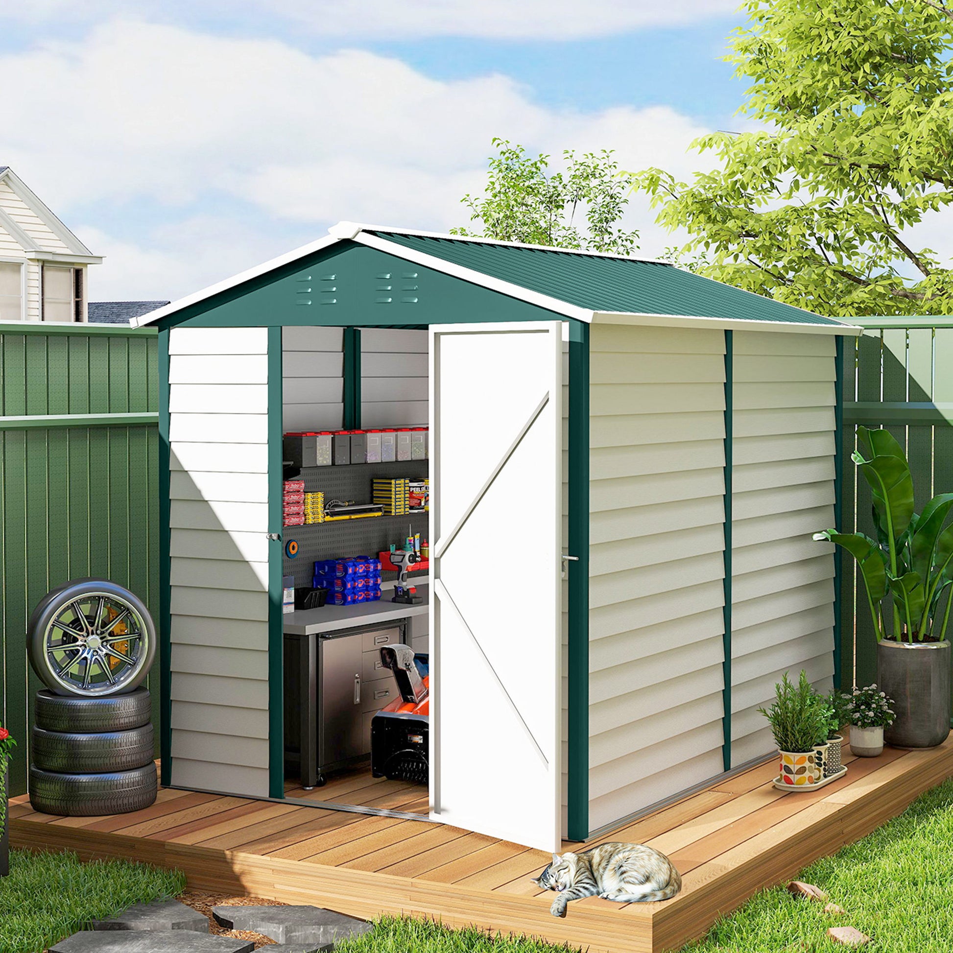 9' x 6' Galvanized Steel Garden Shed - Green/White Sloped Roof-Patio & Garden > Lawn & Garden > Sheds-DECOROLALA