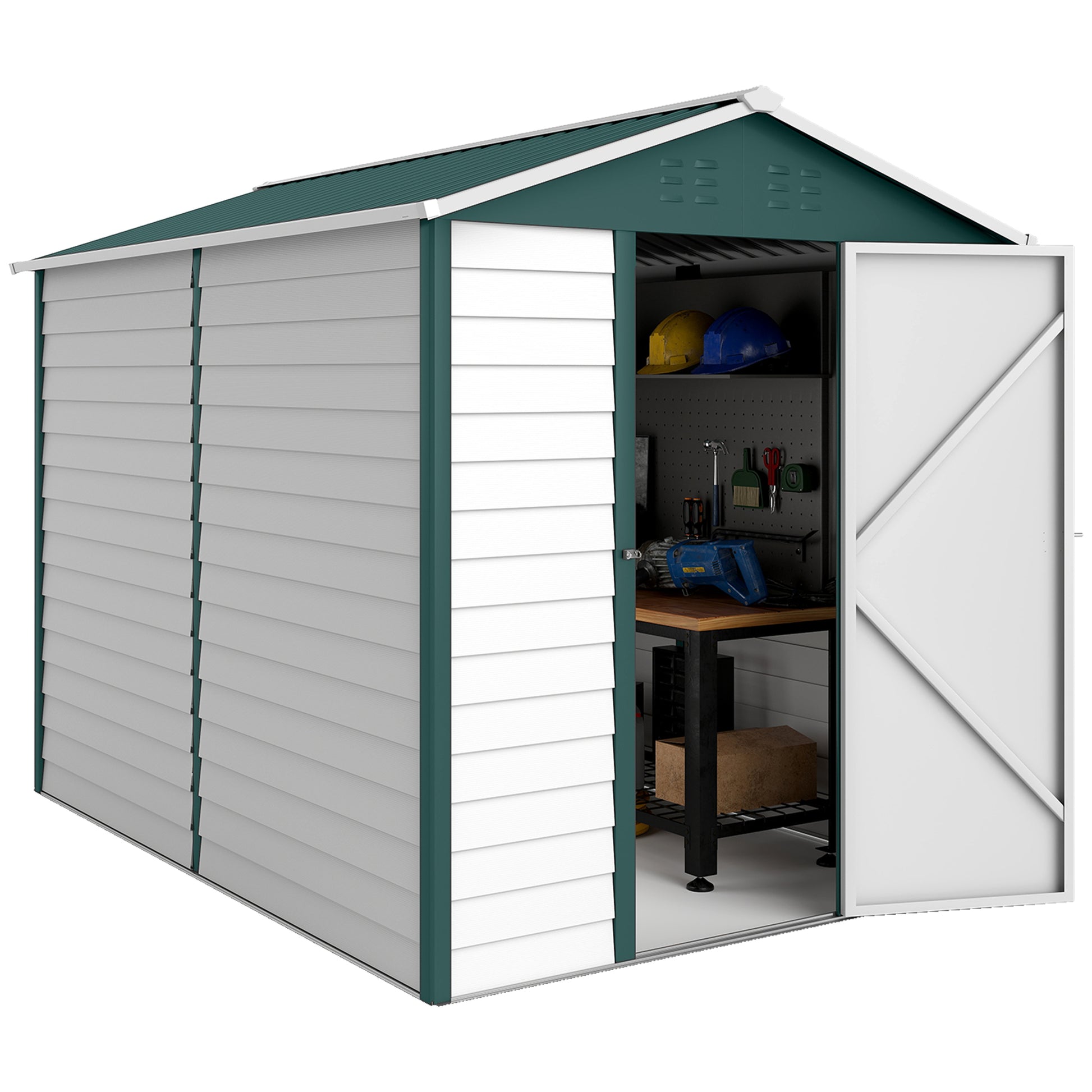 9' x 6' Galvanized Steel Garden Shed - Green/White Sloped Roof-Patio & Garden > Lawn & Garden > Sheds-DECOROLALA