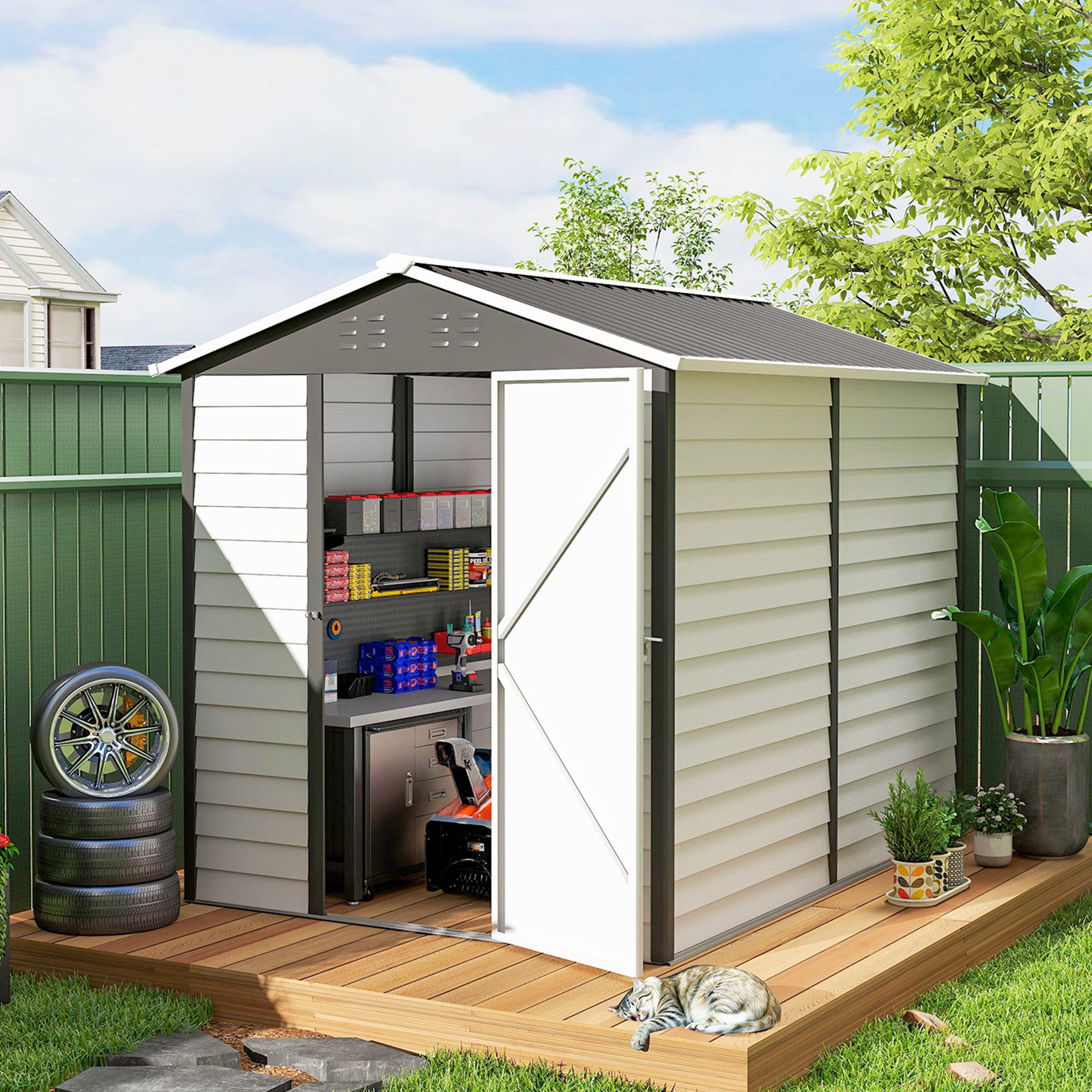 9' x 6' Garden Shed - Dark Grey Galvanized Steel Metal-Patio & Garden > Lawn & Garden > Sheds-DECOROLALA