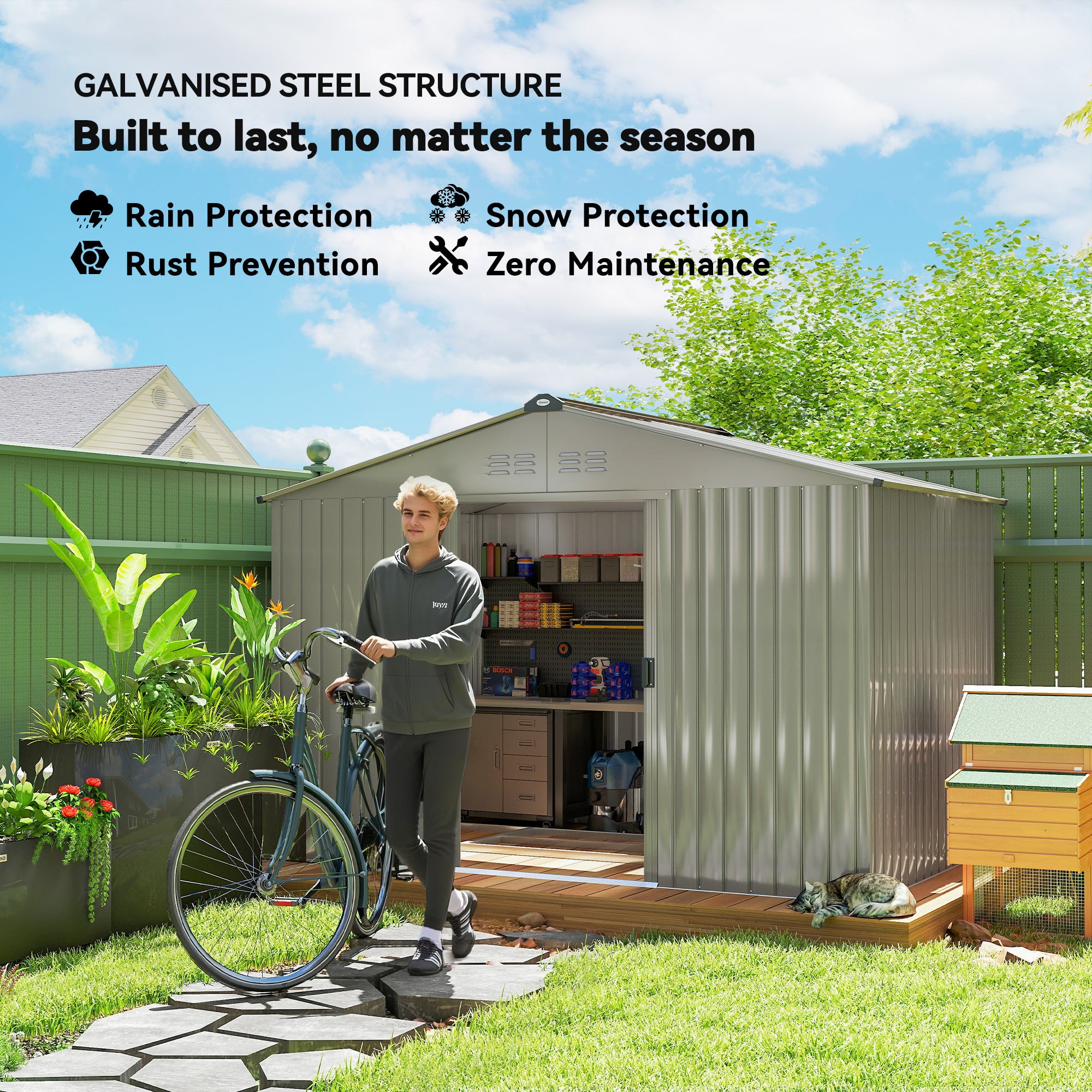 9' x 6' Metal Garden Storage Shed with Foundation - Grey-Patio & Garden > Lawn & Garden > Sheds-DECOROLALA