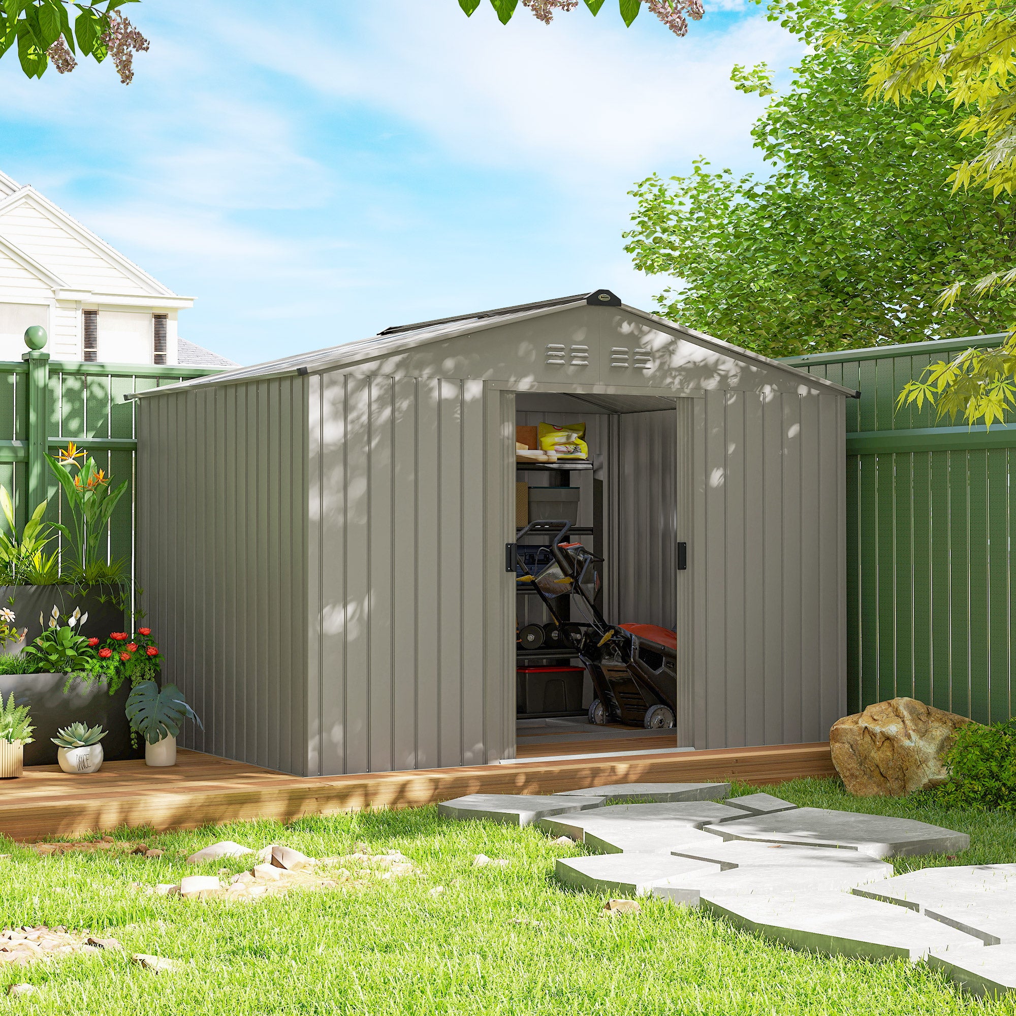 9' x 6' Metal Garden Storage Shed with Foundation - Grey-Patio & Garden > Lawn & Garden > Sheds-DECOROLALA