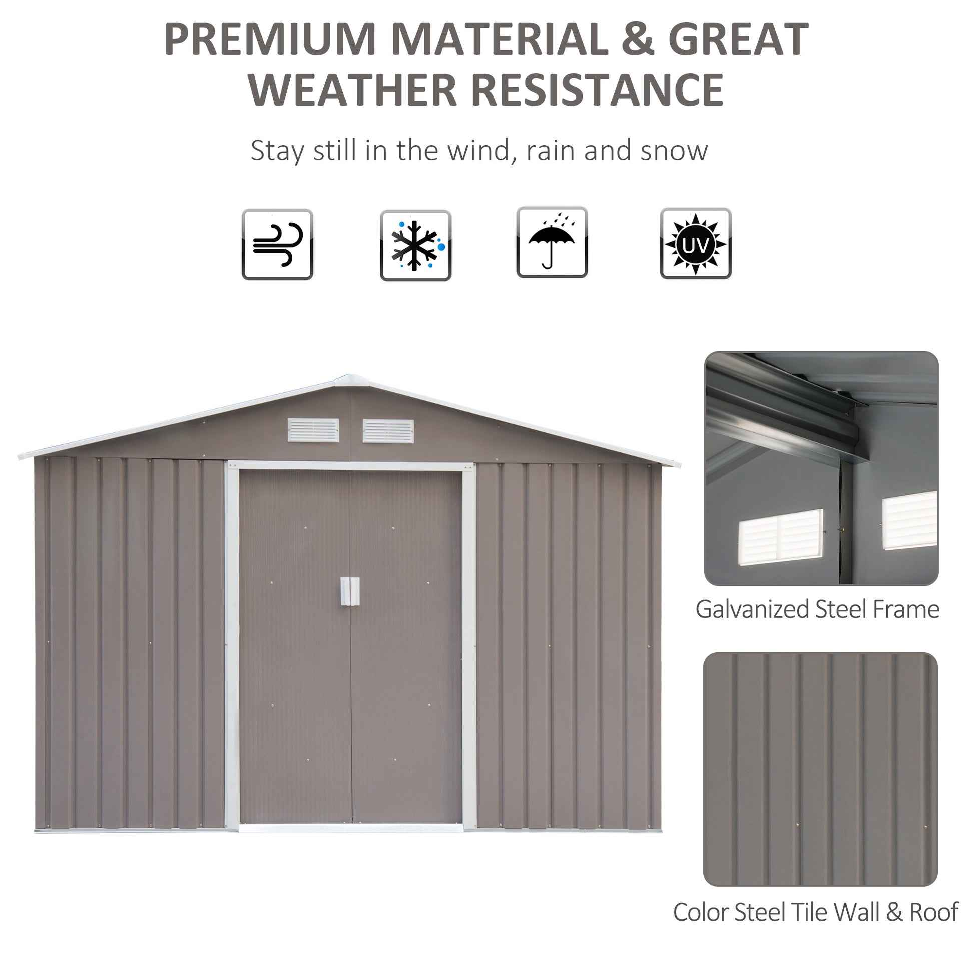9' x 6.4' Metal Garden Storage Shed with Floor - Grey-Patio & Garden > Lawn & Garden > Sheds-DECOROLALA