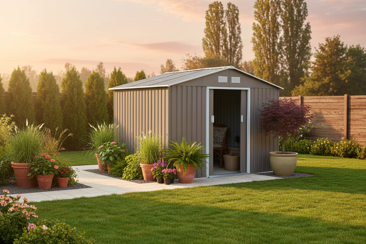 9' x 6.4' Metal Garden Storage Shed with Floor - Grey-Patio & Garden > Lawn & Garden > Sheds-DECOROLALA