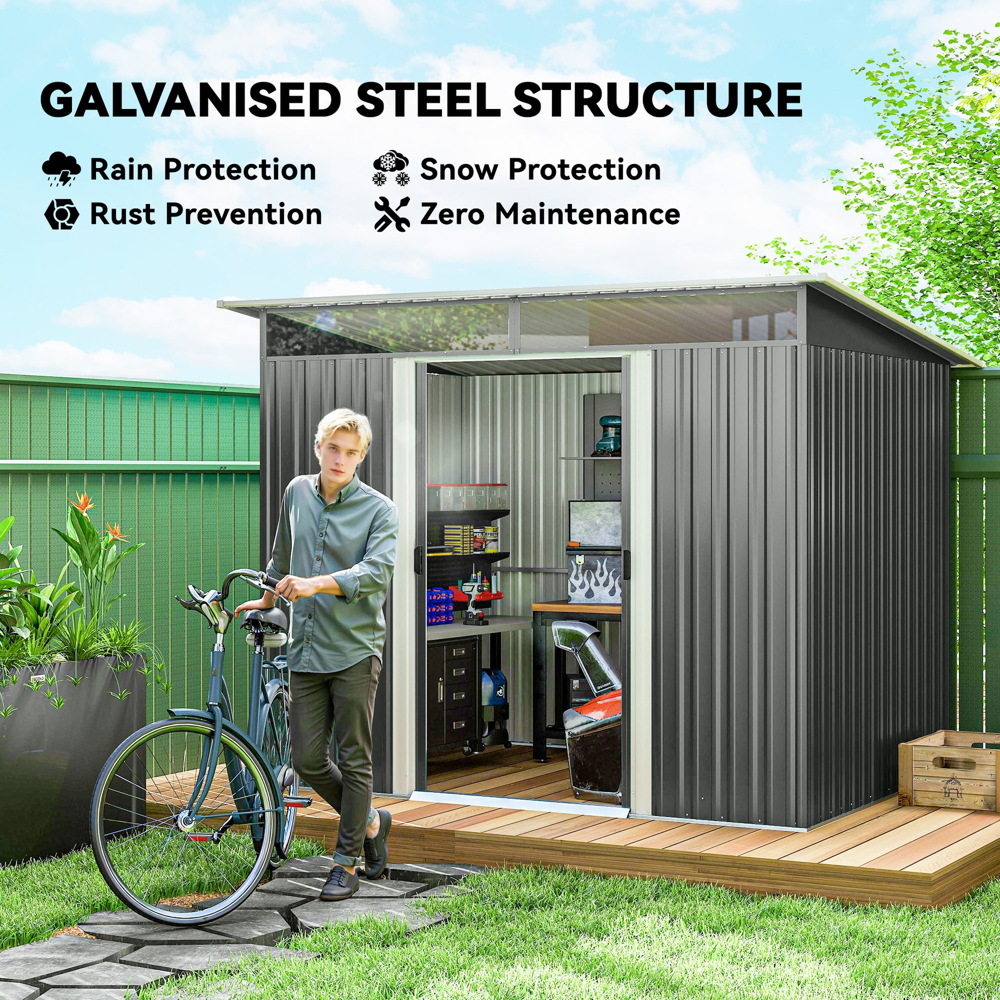 9' x 6.5' Metal Garden Storage Shed - Dark Grey-Patio & Garden > Lawn & Garden > Sheds-DECOROLALA