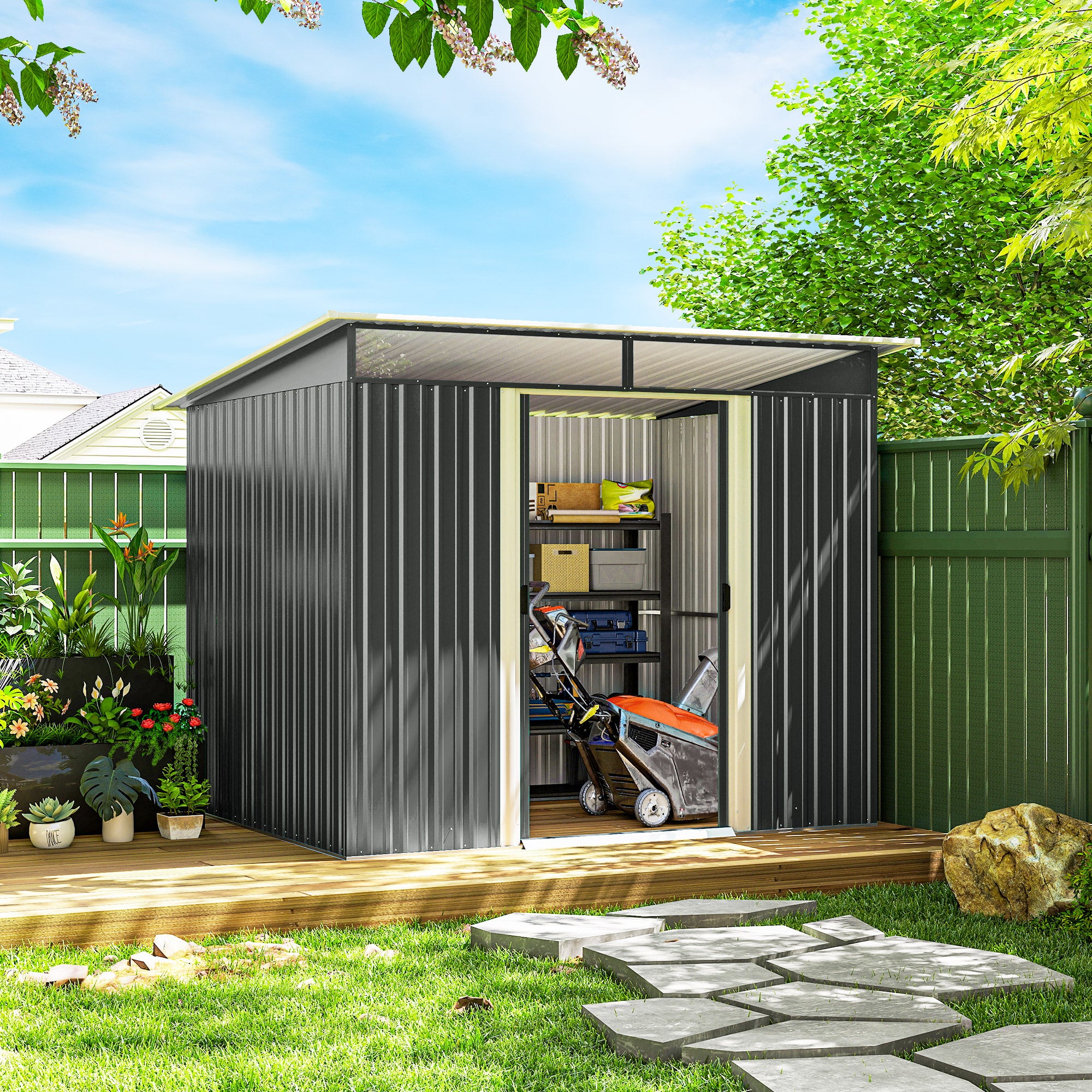9' x 6.5' Metal Garden Storage Shed - Dark Grey-Patio & Garden > Lawn & Garden > Sheds-DECOROLALA