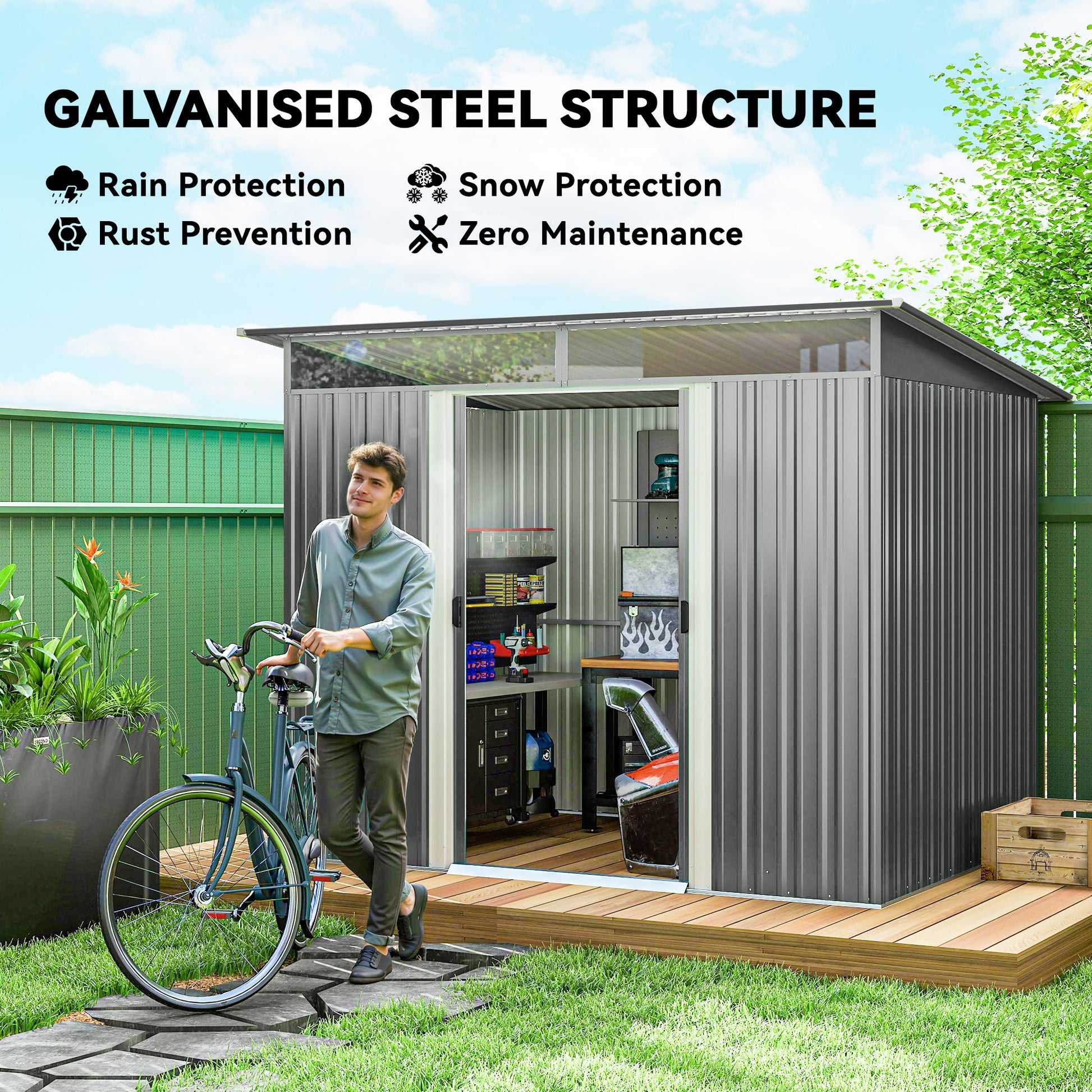 9' x 6.5' Outdoor Metal Garden Shed - Light Grey-Patio & Garden > Lawn & Garden > Sheds-DECOROLALA
