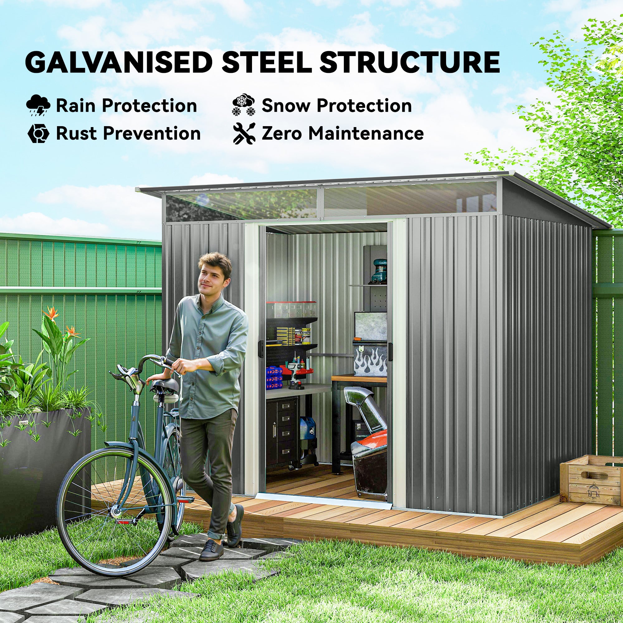 9' x 6.5' Outdoor Metal Garden Shed - Light Grey-Patio & Garden > Lawn & Garden > Sheds-DECOROLALA