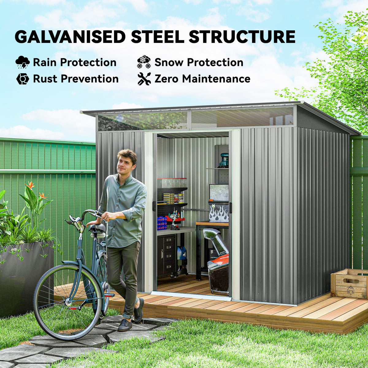 9' x 6.5' Outdoor Metal Garden Shed - Light Grey-Patio & Garden > Lawn & Garden > Sheds-DECOROLALA