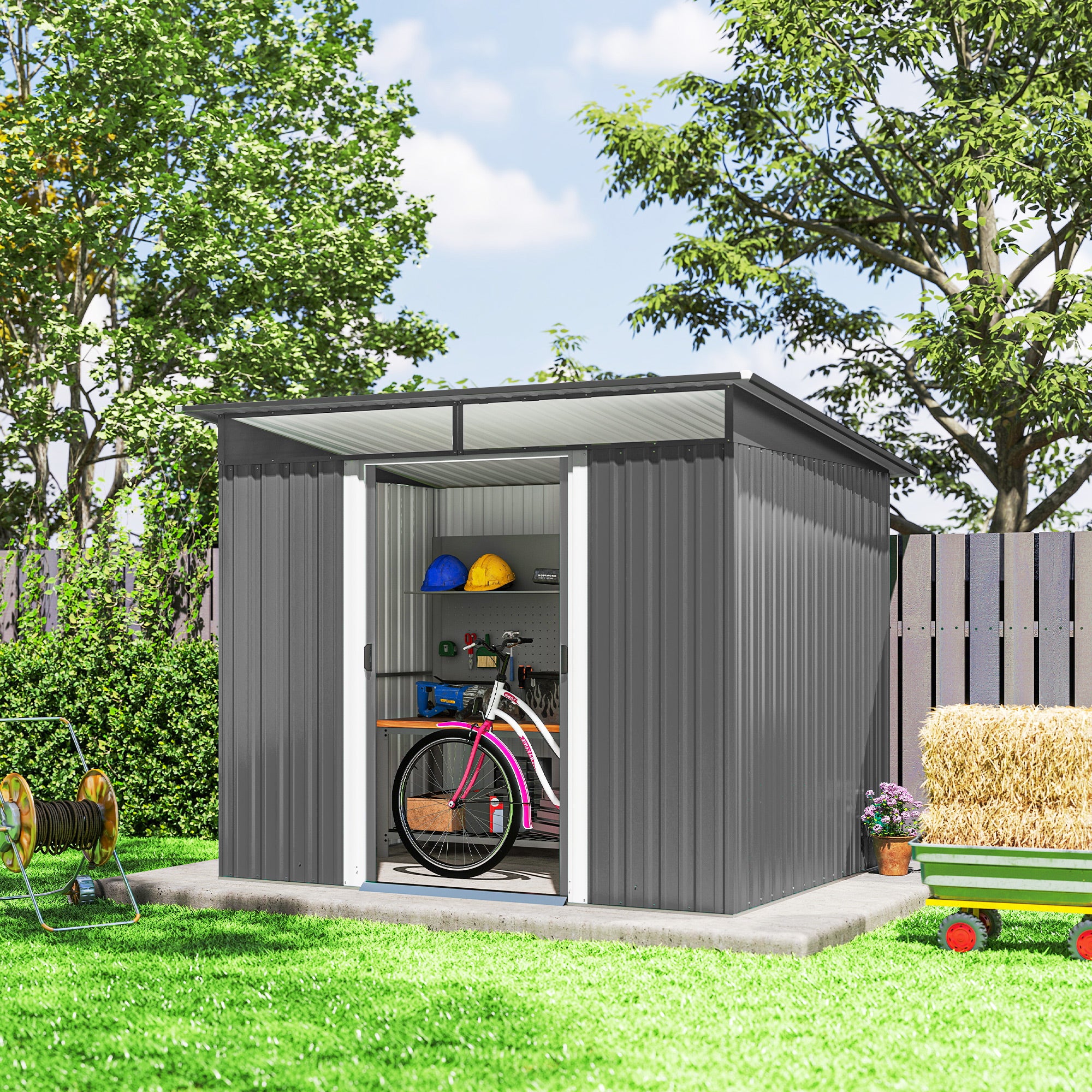 9' x 6.5' Outdoor Metal Garden Shed - Light Grey-Patio & Garden > Lawn & Garden > Sheds-DECOROLALA