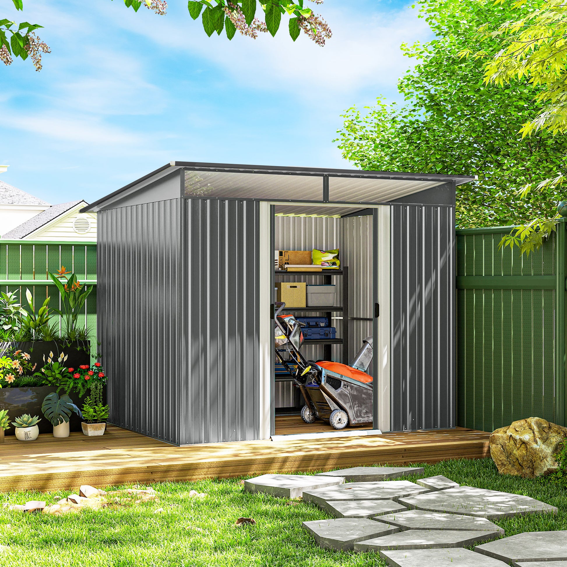 9' x 6.5' Outdoor Metal Garden Shed - Light Grey-Patio & Garden > Lawn & Garden > Sheds-DECOROLALA