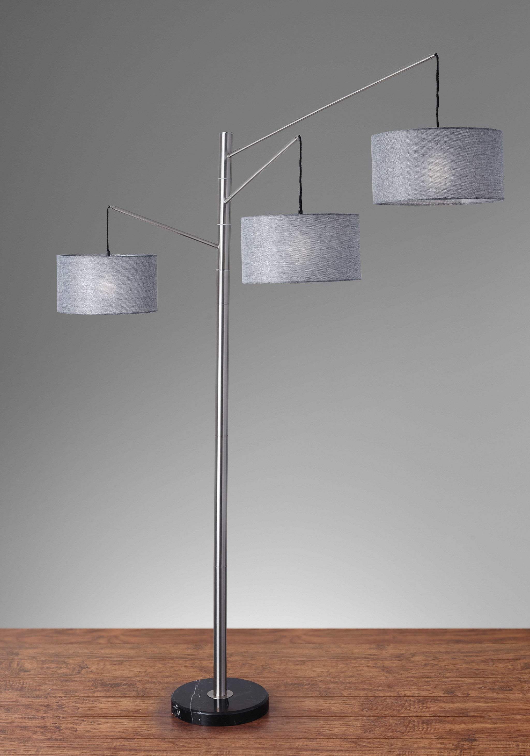 91" Silver Three Light Tree Floor Lamp With Gray Linen Drum Shade-Floor Lamps-DECOROLALA