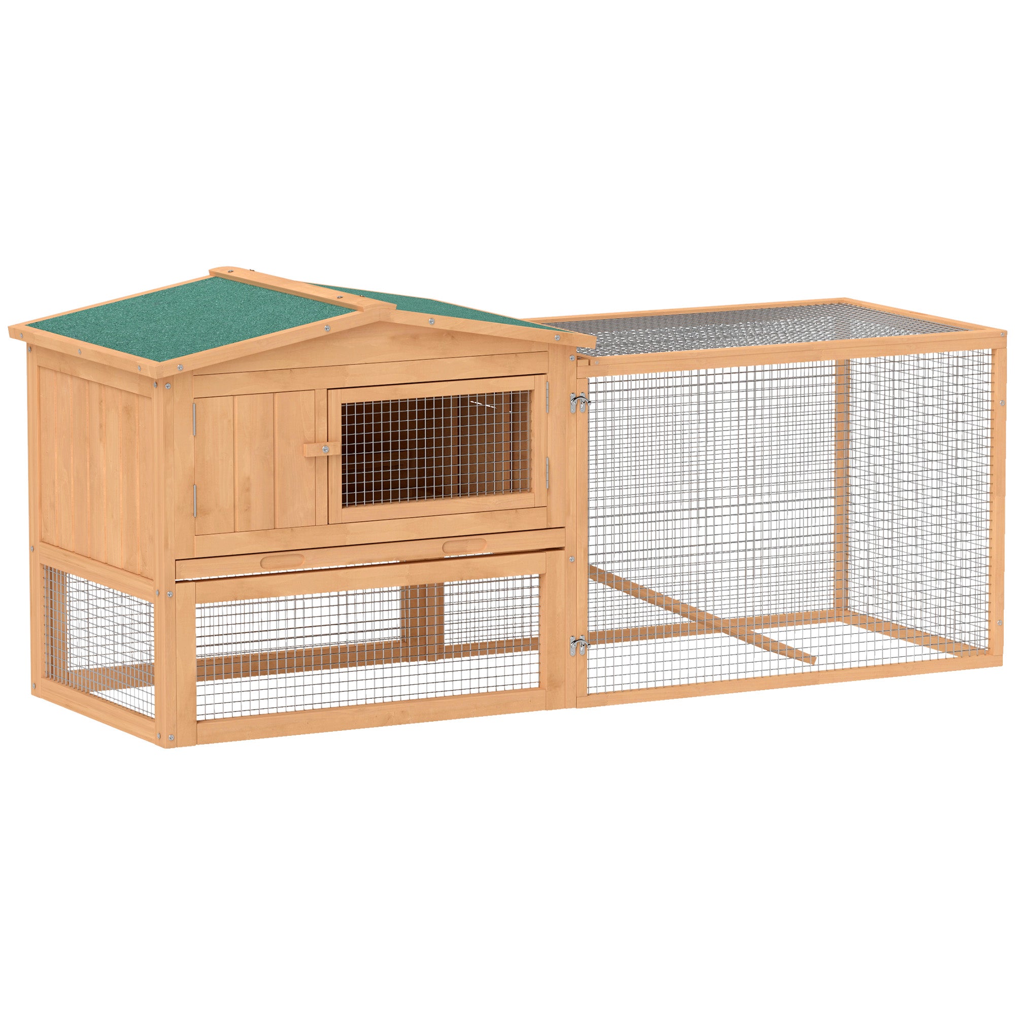 Clapier à lapins à 2 niveaux de 62'' L, cage et maison pour petits animaux avec bac amovible, enclos détachable et rampe, pour intérieur et extérieur, naturel