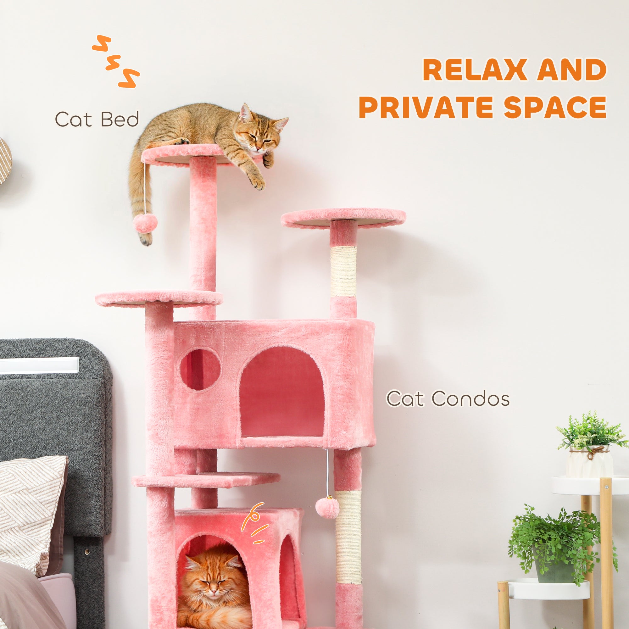 63" Cat Tree, Multi-Level Cat Tower with Scratching Posts, Cat Condos, Bed, Platforms, Ramp, Toy Ball, Pink