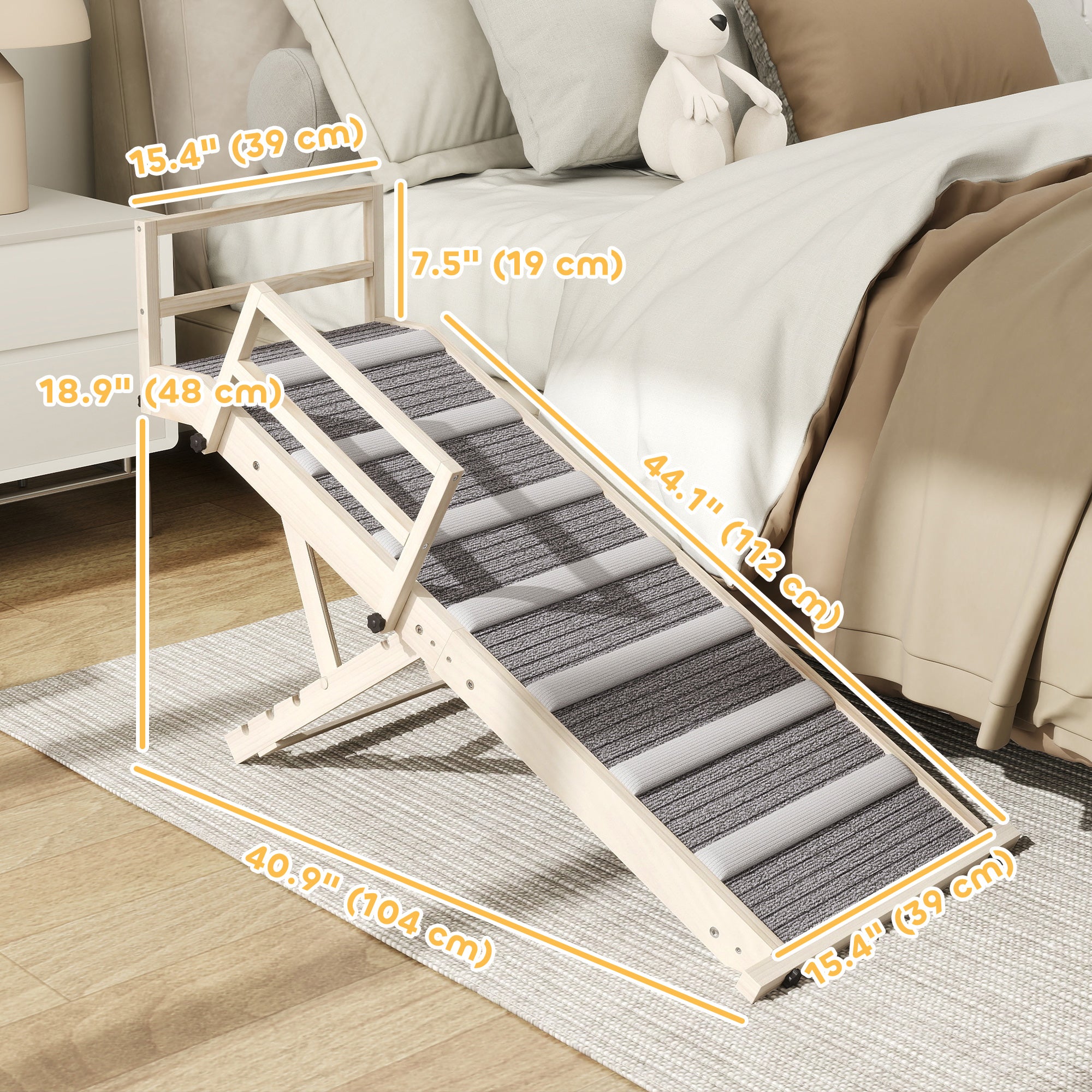 Dog Ramp, Folding Pet Ramp, 4 Adjustable Height from 15" to 19", Pet Stairs with Side Rails for Small to Large Dogs