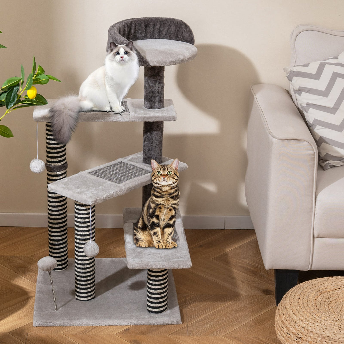 93 CM Tall Cat Tree Kitten Tower with Sisal and Jute Scratching Posts-Gray-Cat Trees & Scratchers-DECOROLALA