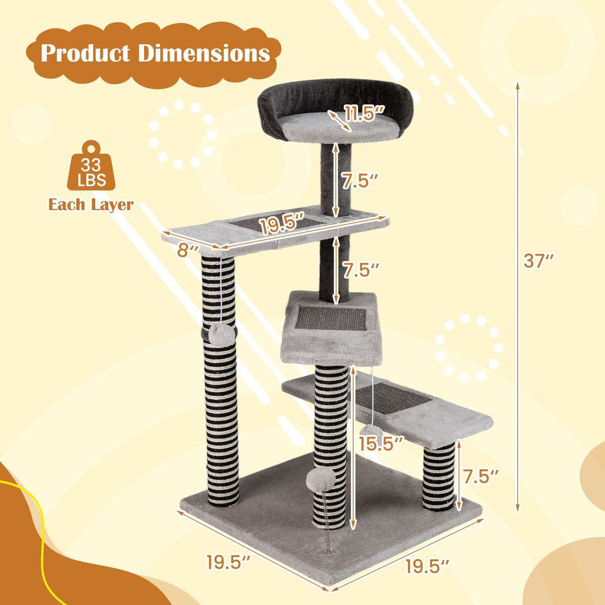 93 CM Tall Cat Tree Kitten Tower with Sisal and Jute Scratching Posts-Gray-Cat Trees & Scratchers-DECOROLALA