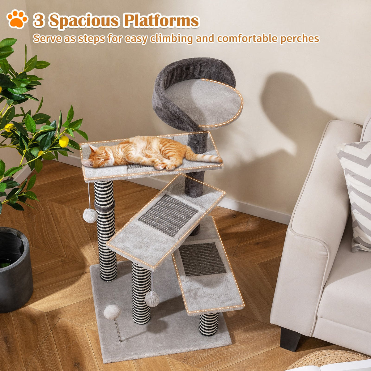 93 CM Tall Cat Tree Kitten Tower with Sisal and Jute Scratching Posts-Gray-Cat Trees & Scratchers-DECOROLALA