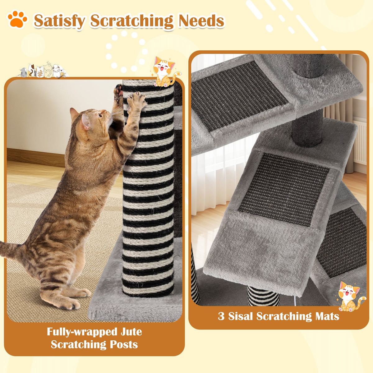 93 CM Tall Cat Tree Kitten Tower with Sisal and Jute Scratching Posts-Gray-Cat Trees & Scratchers-DECOROLALA