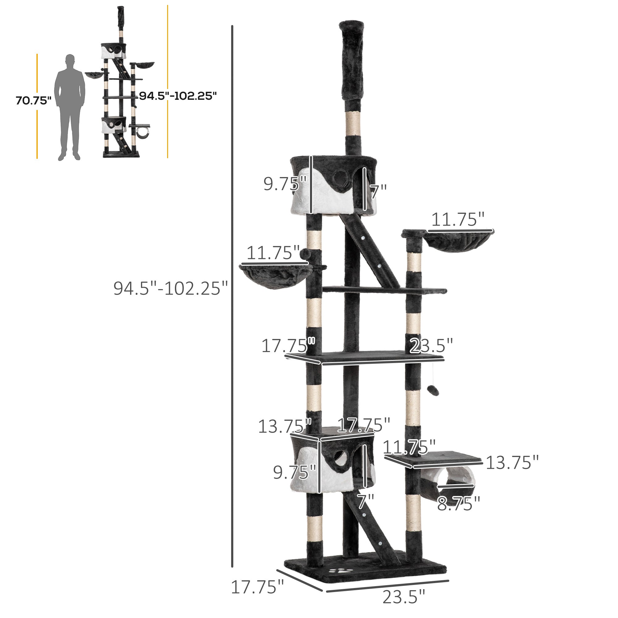 94"-102" Floor to Ceiling Cat Tree, High Cat Condo Scratching Post Activity Center, Multi-Level Play House-Cats-DECOROLALA