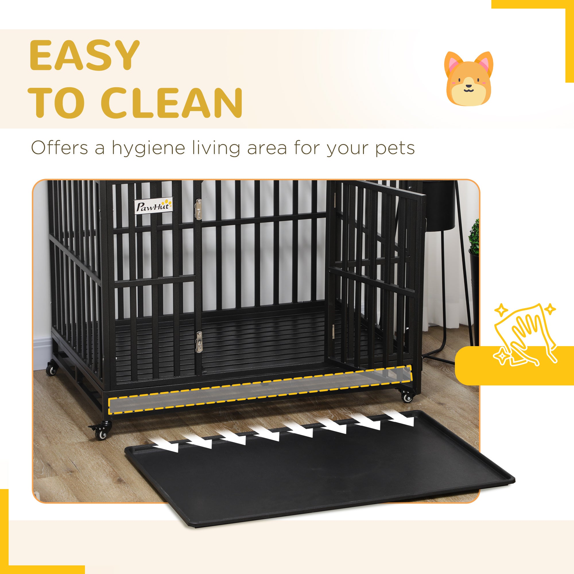 44" Heavy Duty Steel Dog Crate Kennel Pet Cage with Wheels for Convenient Access Anti-Pinching Floor, Black