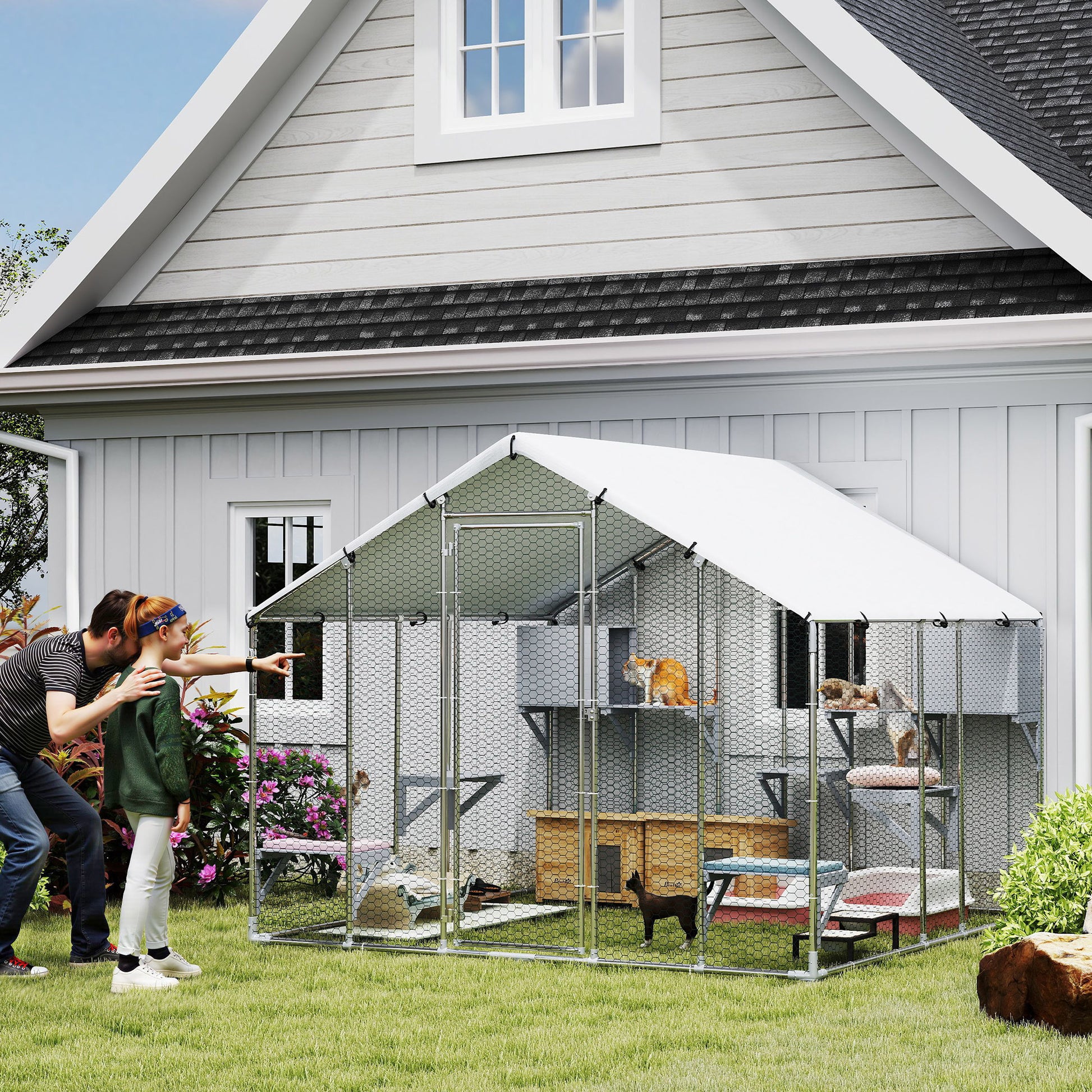 94.5" Metal Outdoor Catio - Silver Large Cat Enclosure-DECOROLALA