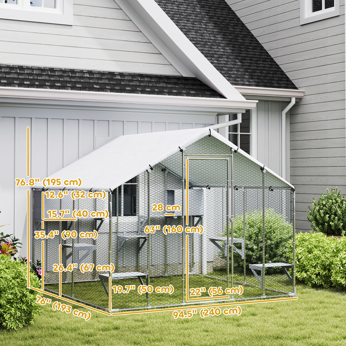 94.5" Metal Outdoor Catio with Waterproof Cover - Silver-Cat Supplies-DECOROLALA