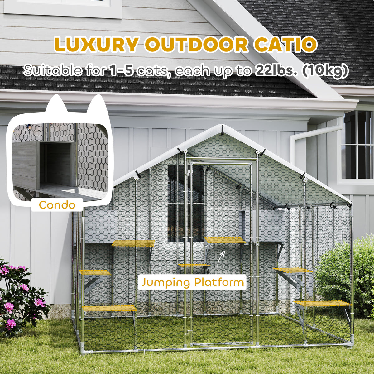 94.5" Metal Outdoor Catio with Waterproof Cover - Silver-Cats-DECOROLALA