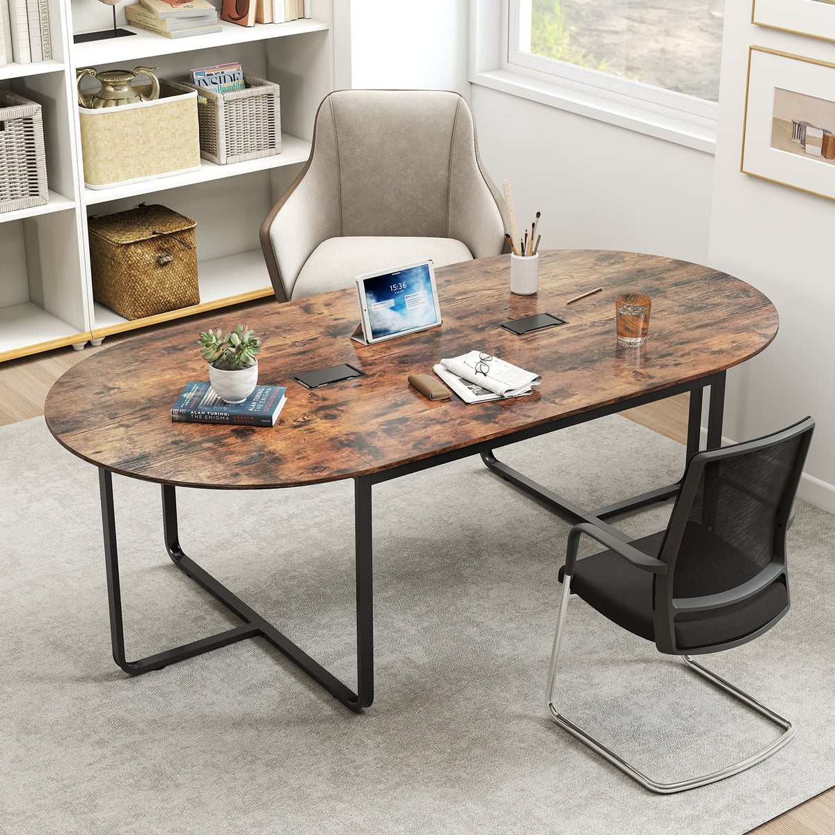 95 Inches Oval Conference Industrial Executive Table with Dual Cable Holes-Rustic Brown-Standing Desks-DECOROLALA