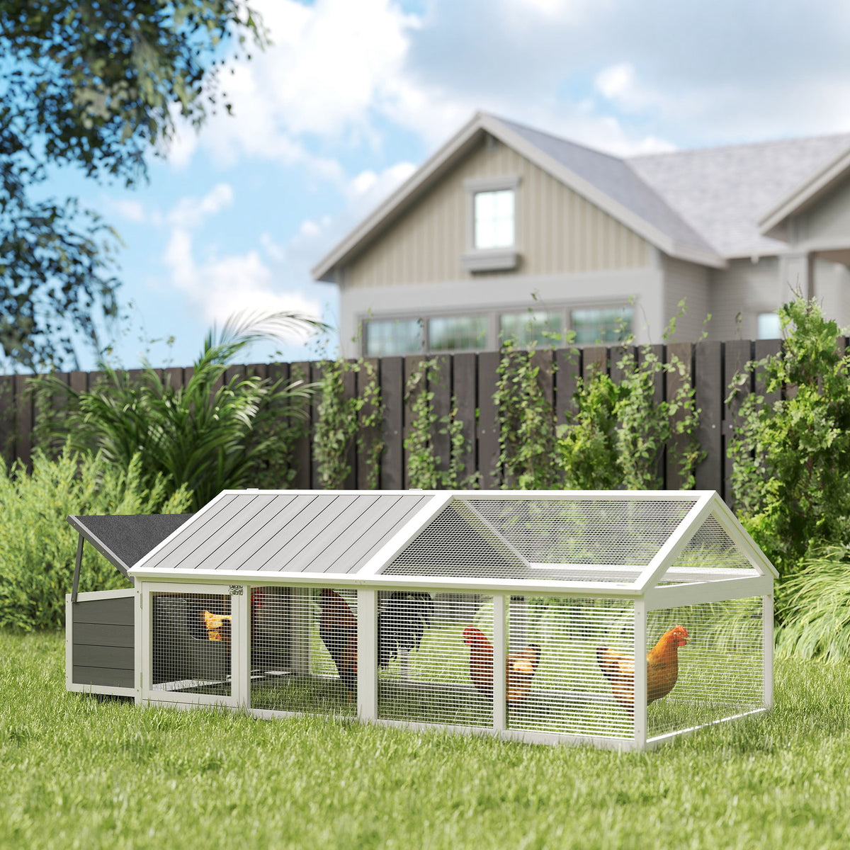 95" Large Wooden Chicken Coop with Nesting Box & Run - White-Small Animal Supplies-DECOROLALA