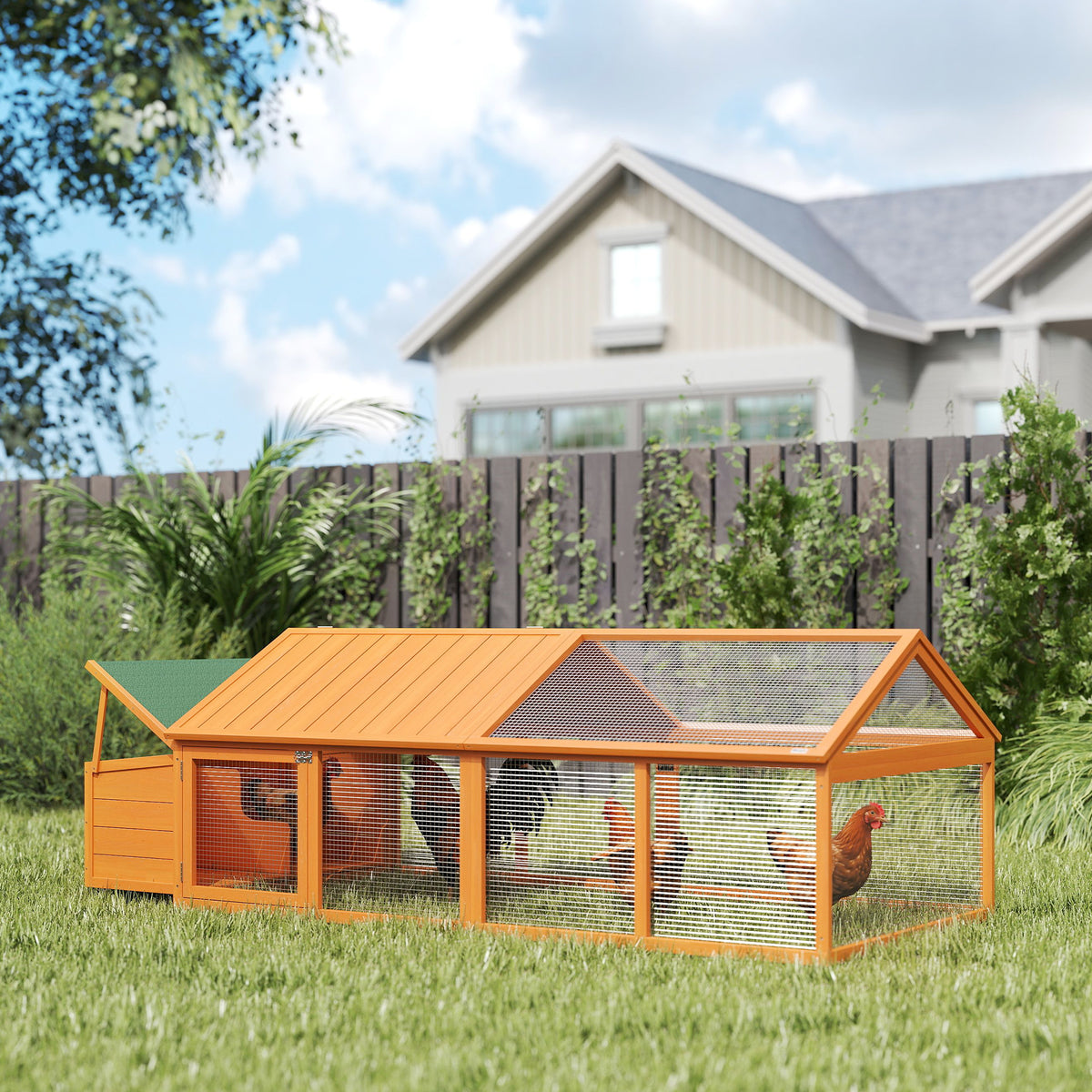 95" Large Wooden Chicken Coop with Nesting Box and Run - Orange-Small Animals-DECOROLALA