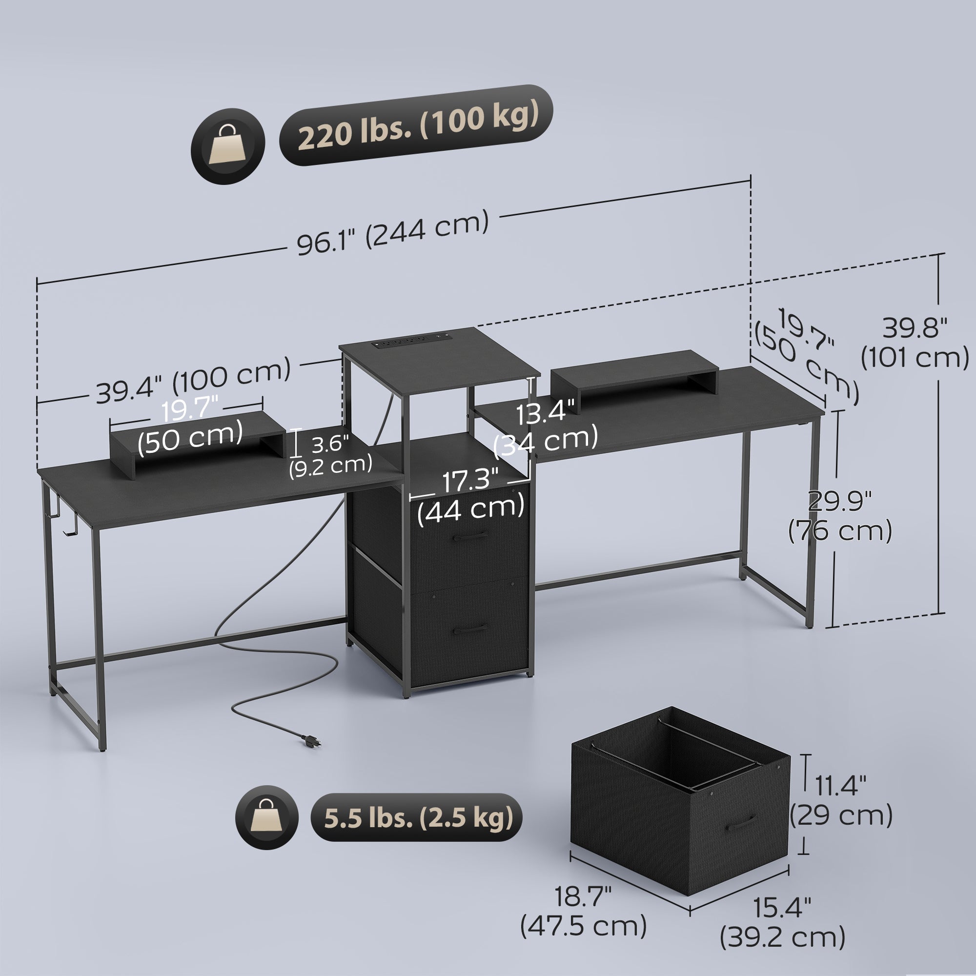 96" 2-Person Gaming Desk with Power Outlets - Black-Office Products > Office Furniture > Office Desks & Work Stations > Gaming Desks-DECOROLALA