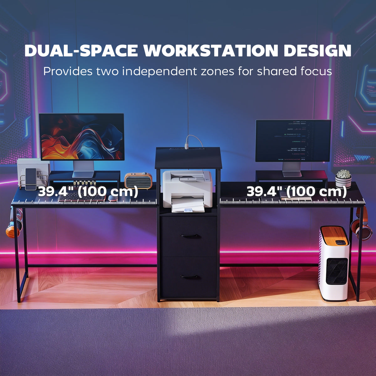 96" 2-Person Gaming Desk with Power Outlets - Black-Office Products > Office Furniture > Office Desks & Work Stations > Gaming Desks-DECOROLALA