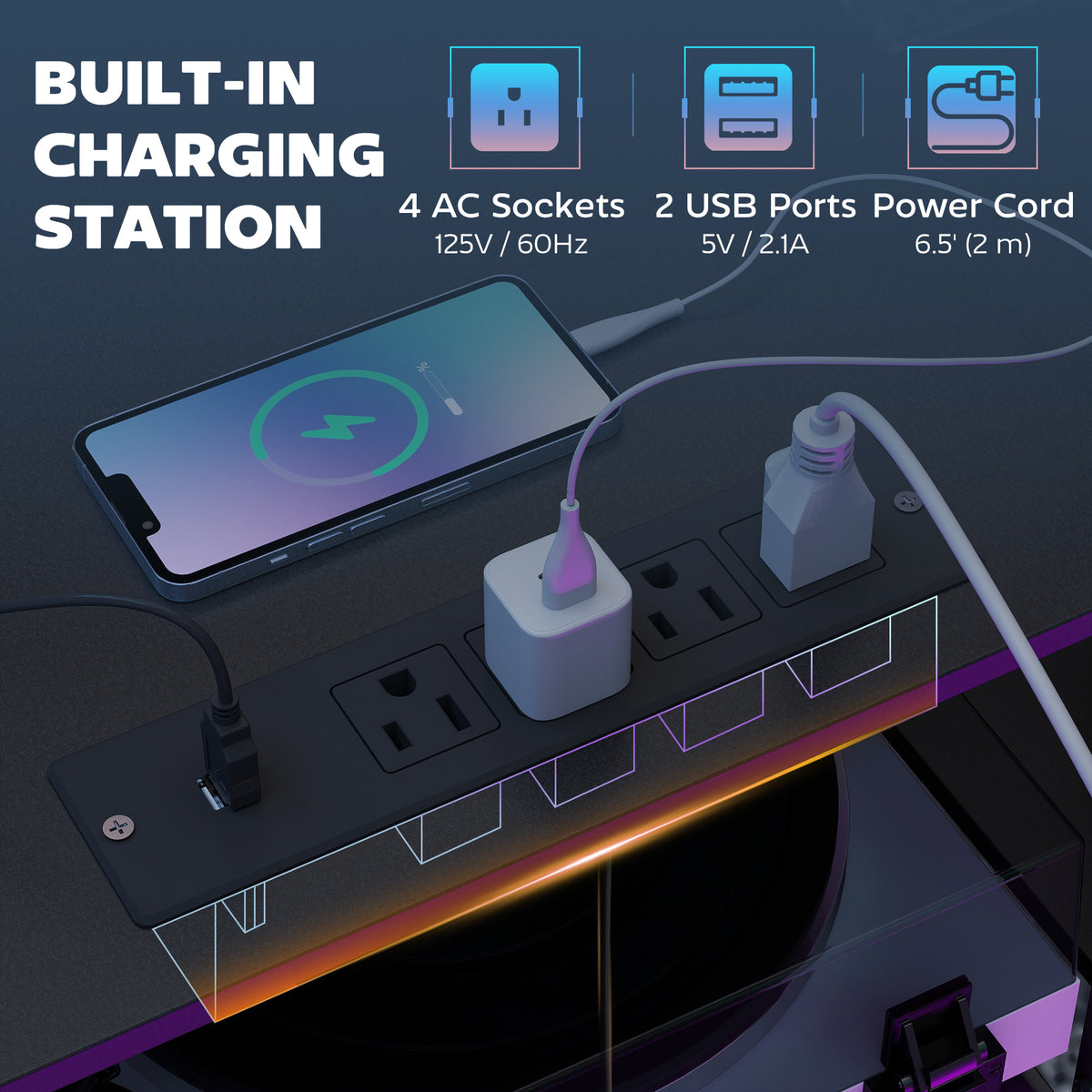 96" 2-Person Gaming Desk with Power Outlets - Black-Office Products > Office Furniture > Office Desks & Work Stations > Gaming Desks-DECOROLALA