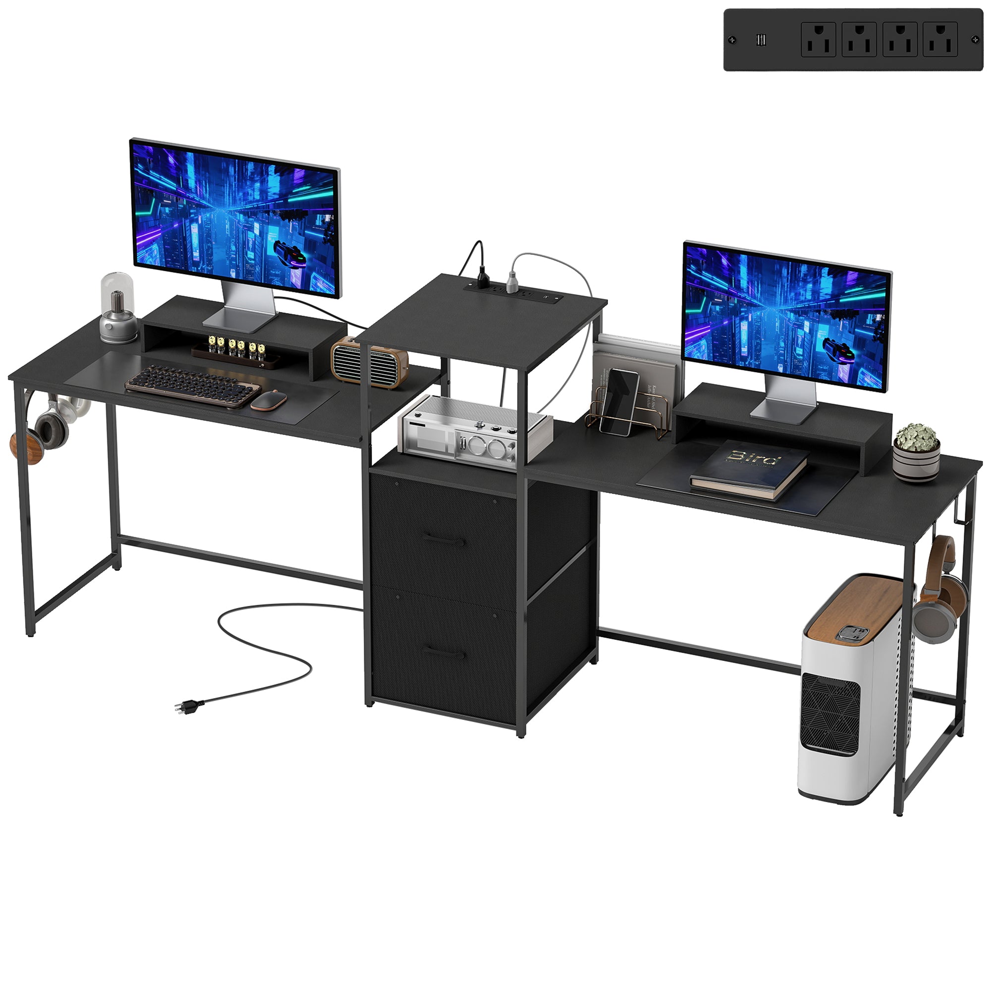 96" 2-Person Gaming Desk with Power Outlets - Black-Office Products > Office Furniture > Office Desks & Work Stations > Gaming Desks-DECOROLALA