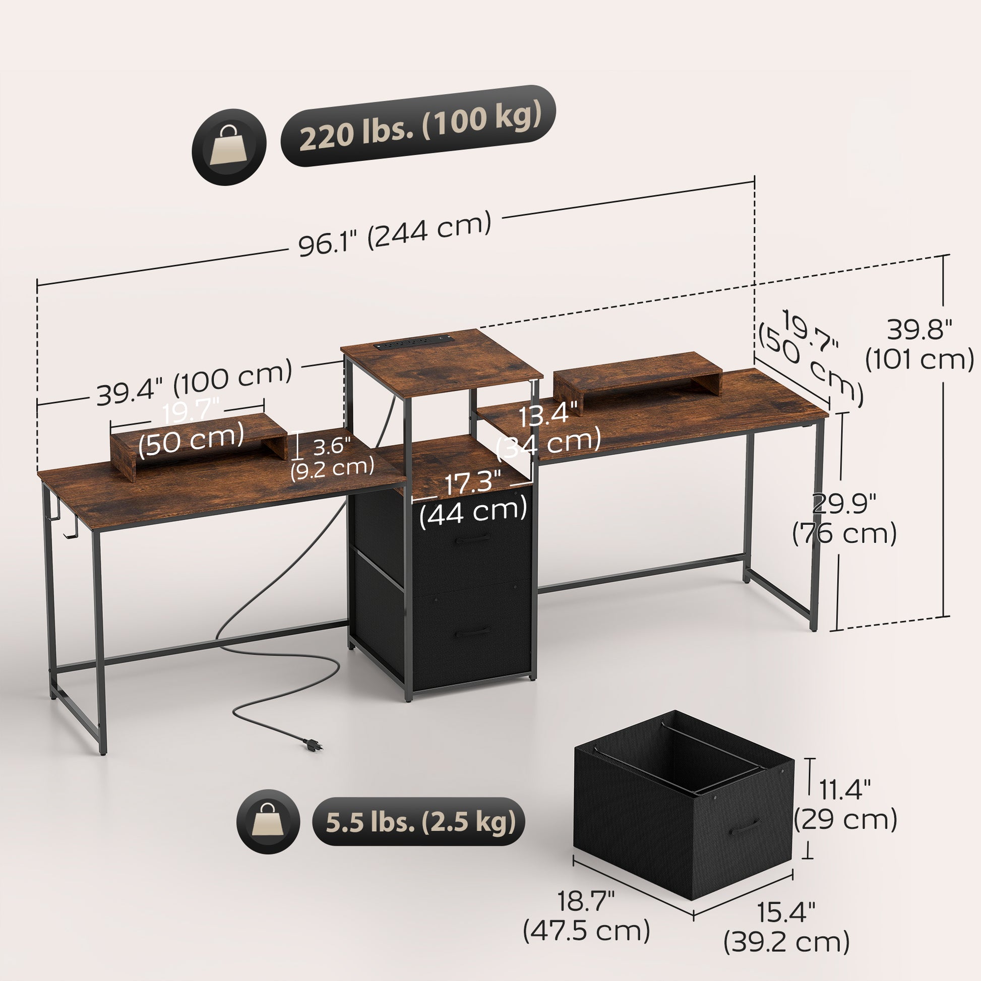 96" 2-Person Gaming Desk with Power Outlets - Rustic Brown-DECOROLALA