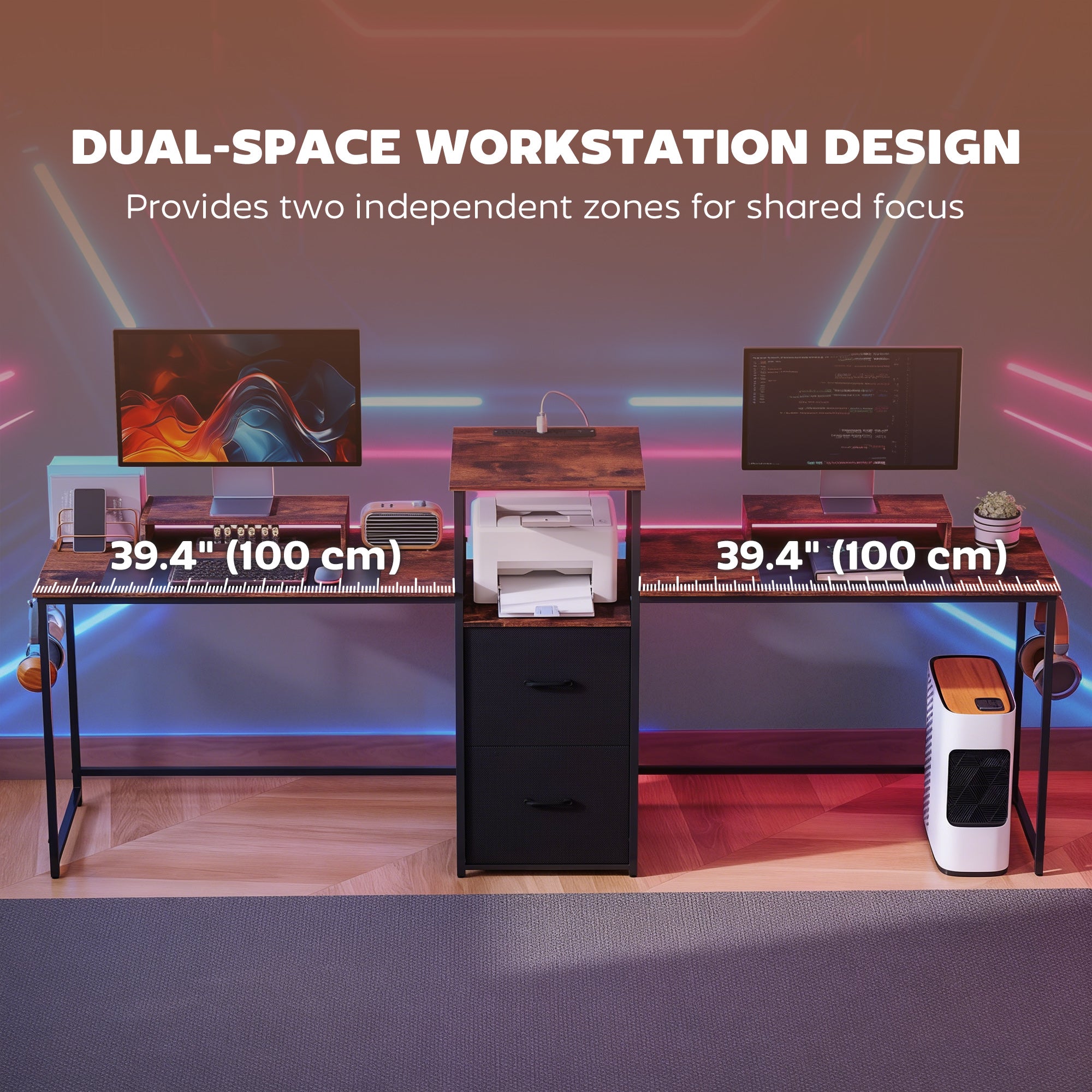 96" 2-Person Gaming Desk with Power Outlets - Rustic Brown-DECOROLALA