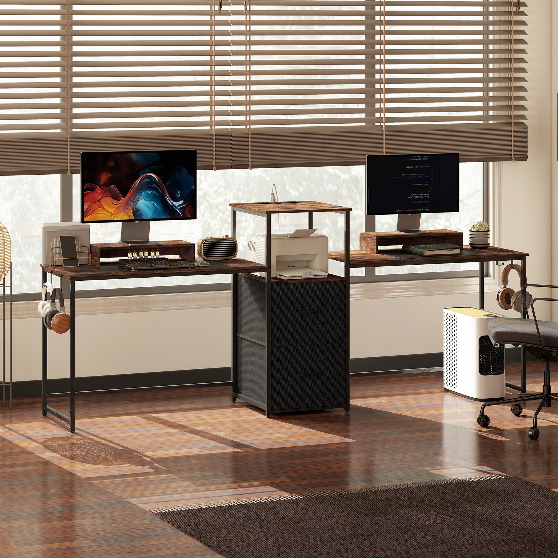 96" 2-Person Gaming Desk with Power Outlets - Rustic Brown-DECOROLALA