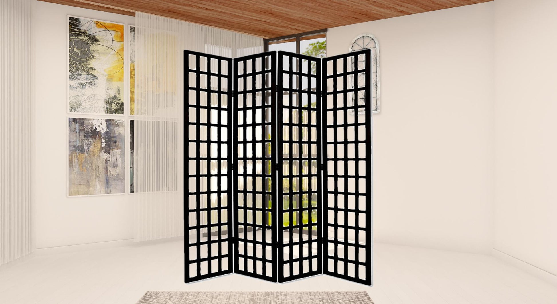 96" Black And White Folding Four Panel Screen Room Divider-Room Dividers-DECOROLALA