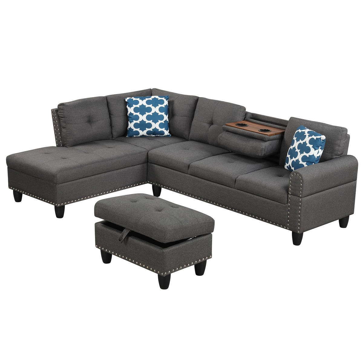 98" L-Shaped Sectional Sofa with Storage Ottoman - Dark Grey-Sofas & Loveseats-DECOROLALA