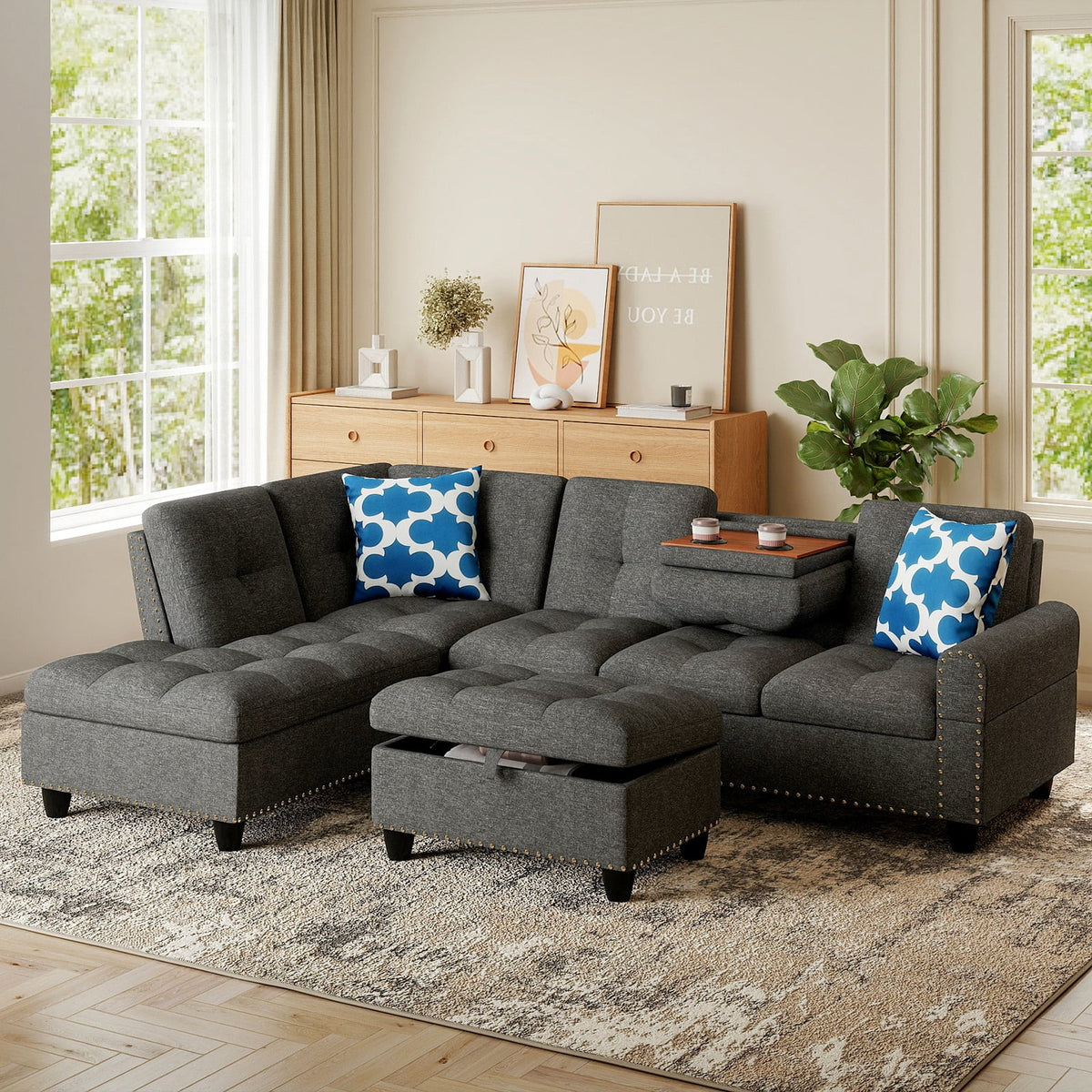 98" L-Shaped Sectional Sofa with Storage Ottoman - Dark Grey-Sofas & Loveseats-DECOROLALA