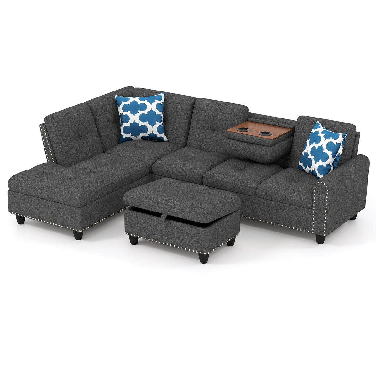 98" L-Shaped Sectional Sofa with Storage Ottoman - Dark Grey-Sofas & Loveseats-DECOROLALA