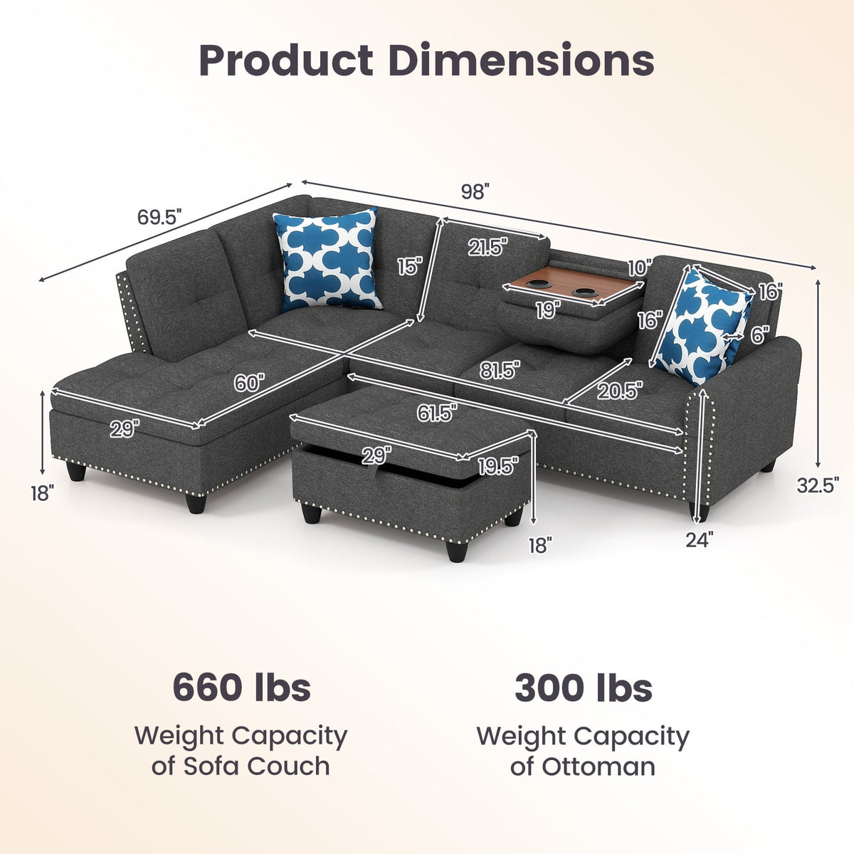 98" L-Shaped Sectional Sofa with Storage Ottoman - Dark Grey-Sofas & Loveseats-DECOROLALA