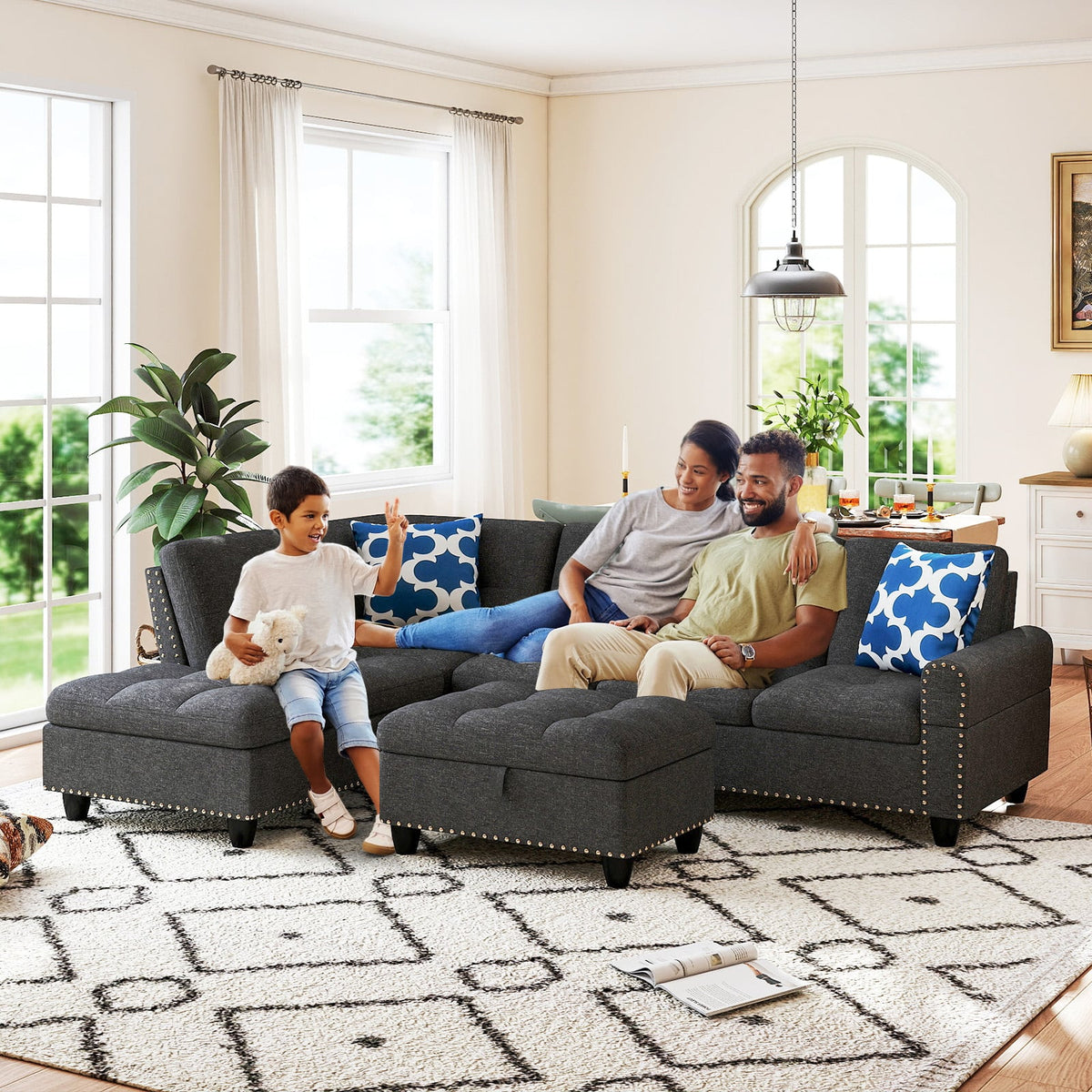 98" L-Shaped Sectional Sofa with Storage Ottoman - Dark Grey-Sofas & Loveseats-DECOROLALA